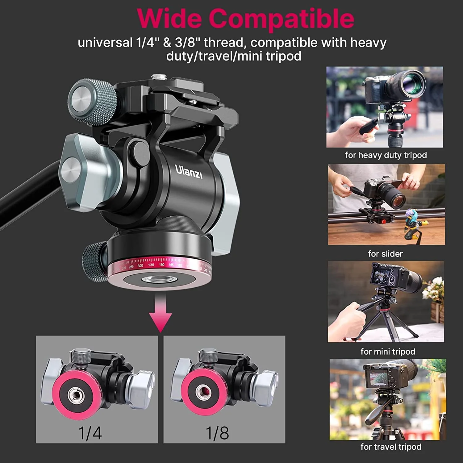Video Fluid Head for Camera Tripod - ULANZI U-190 Mini Pan Tilt Head Small Panoramic Ball Head with Arca Swiss Quick Release Plate Lightweight Filming Equipment for Compact Camera Load up to 6.6lb/3kg - Image 2