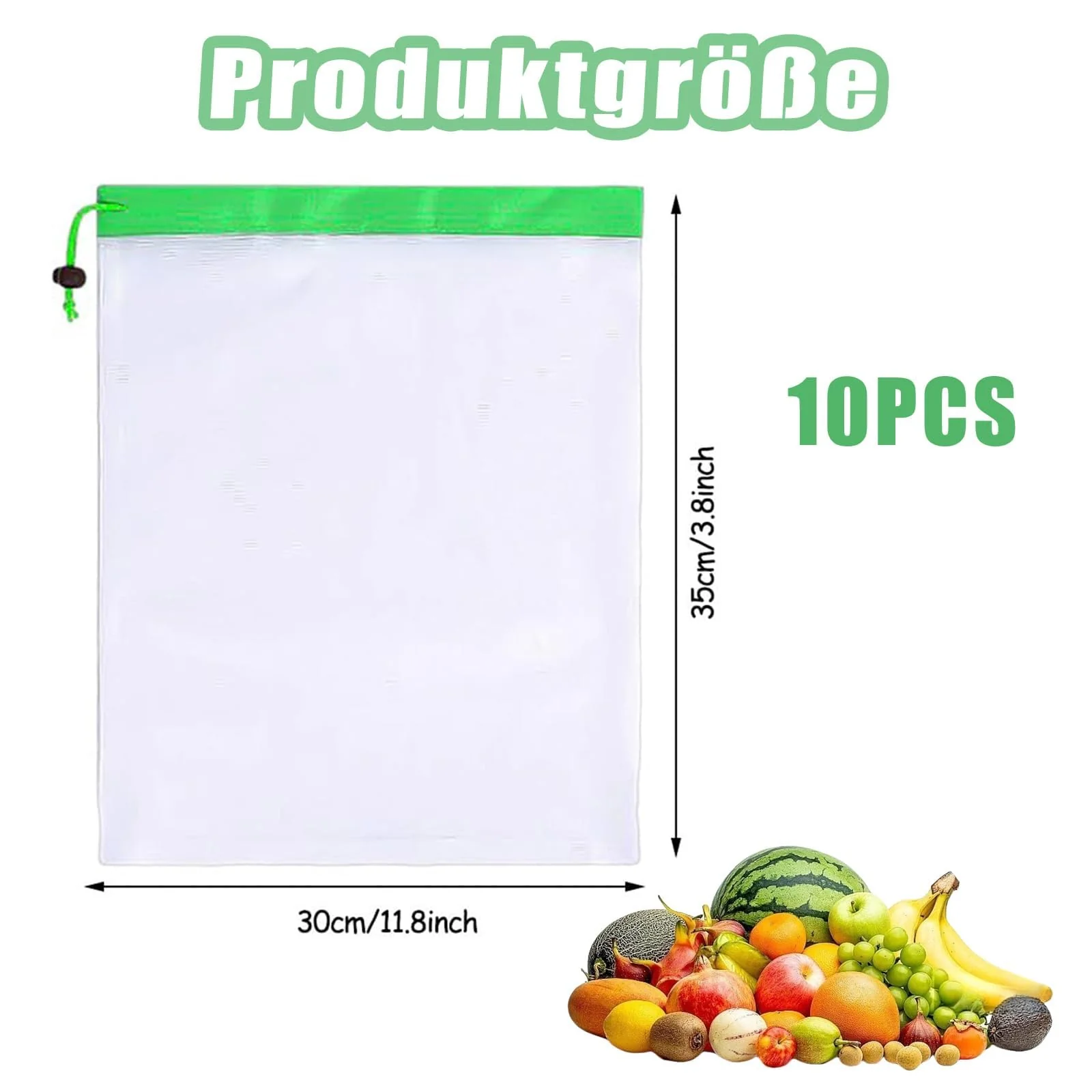 Vimmvid Pack of 10 Fruit Vegetables Large Mesh Bag, Washable Vegetable Net and Shopping Net with Drawstring, Transparent Mesh Bags for Fresh Storage of Fruit and Vegetables, Green, Unit size - Image 2