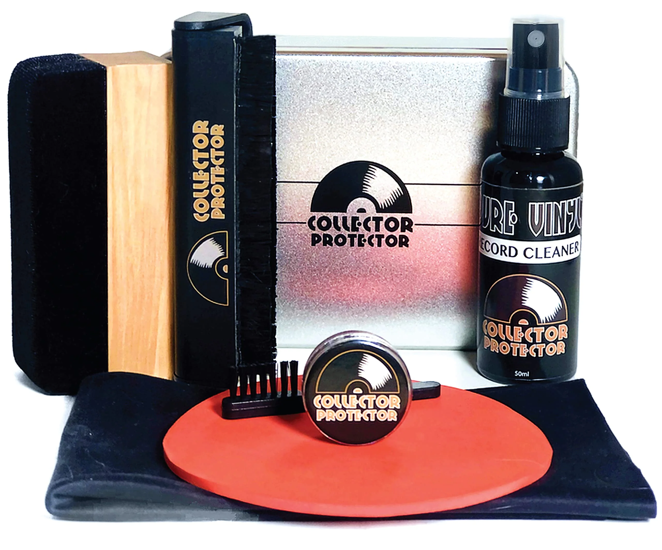 Vinyl Record Cleaner Kit | The Complete Set | Includes Soft Velvet Record Brush, Carbon Fiber Brush, LP Cleaning Solution, Turntable Stylus Gel, Microfiber Cloth, Label Protector & Metal Storage Case