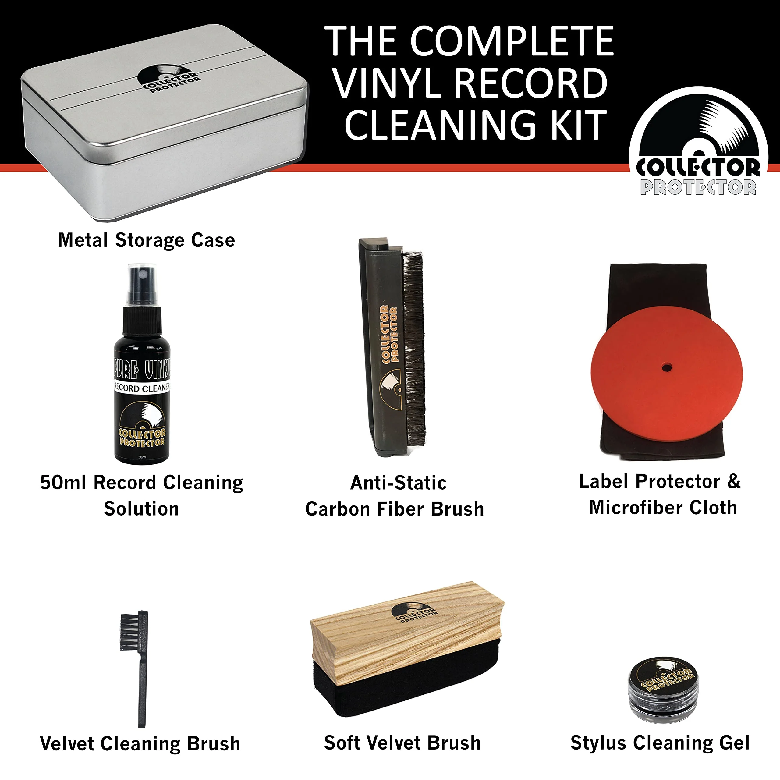 Vinyl Record Cleaner Kit | The Complete Set | Includes Soft Velvet Record Brush, Carbon Fiber Brush, LP Cleaning Solution, Turntable Stylus Gel, Microfiber Cloth, Label Protector & Metal Storage Case - Image 2