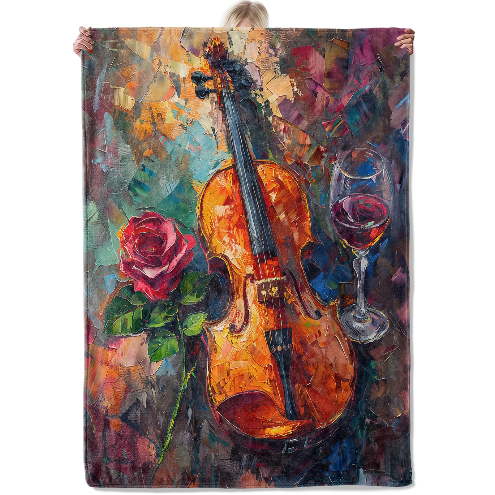 Violin Rose Blanket Gifts for Music Lovers Musician, Soft Warm Cozy Flannel Blankets for Home, Bedroom, Travel, Camping, Musical Instrument and Wine Glass Throw, Romantic Decor 50x60 inch Violin and Wine 50"x60"