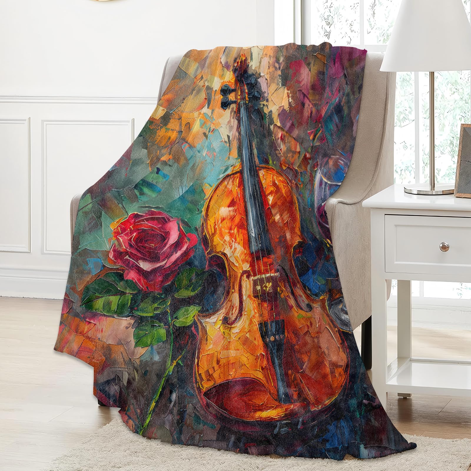 Violin Rose Blanket Gifts for Music Lovers Musician, Soft Warm Cozy Flannel Blankets for Home, Bedroom, Travel, Camping, Musical Instrument and Wine Glass Throw, Romantic Decor 50x60 inch Violin and Wine 50"x60" - Image 2