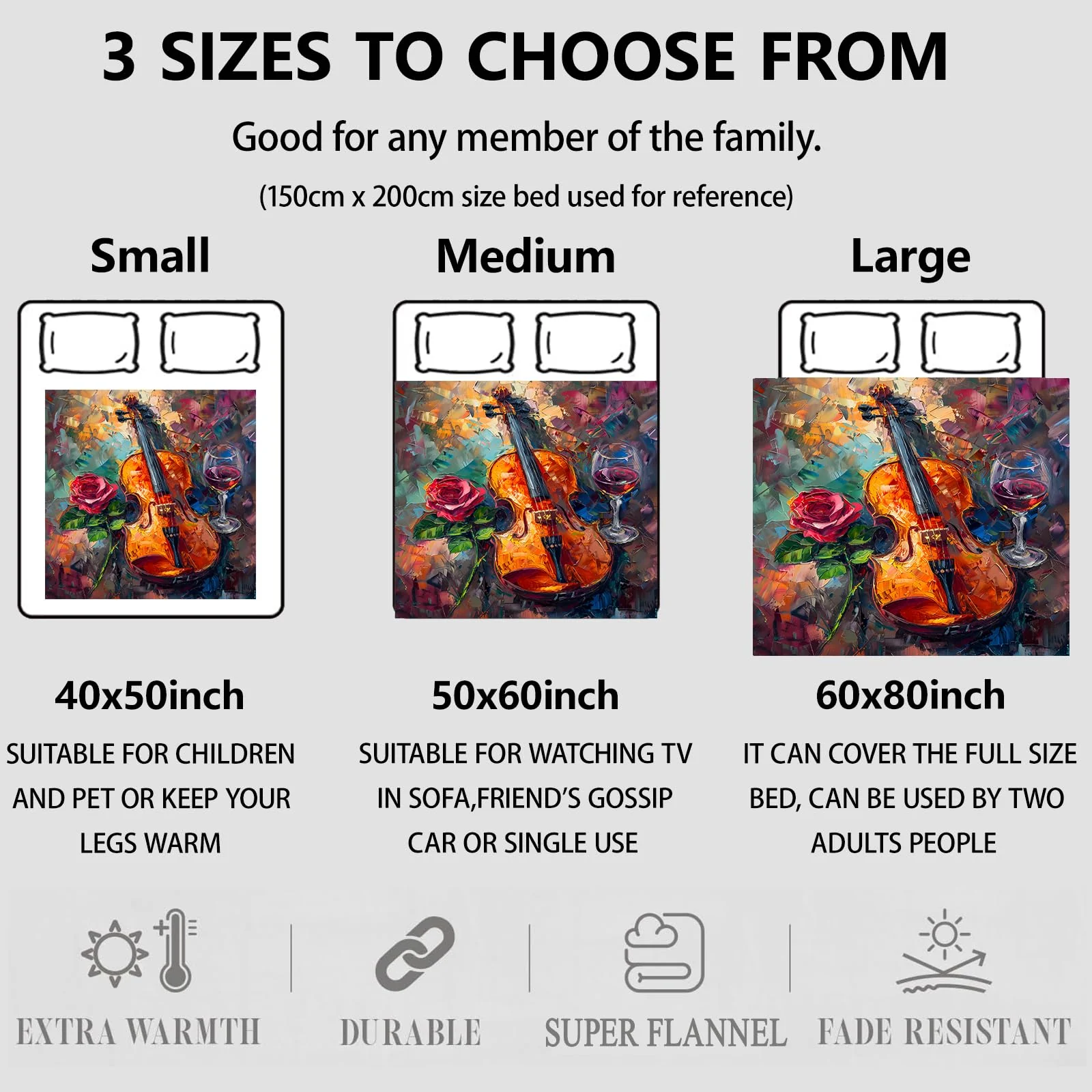 Violin Rose Blanket Gifts for Music Lovers Musician, Soft Warm Cozy Flannel Blankets for Home, Bedroom, Travel, Camping, Musical Instrument and Wine Glass Throw, Romantic Decor 50x60 inch Violin and Wine 50"x60" - Image 3