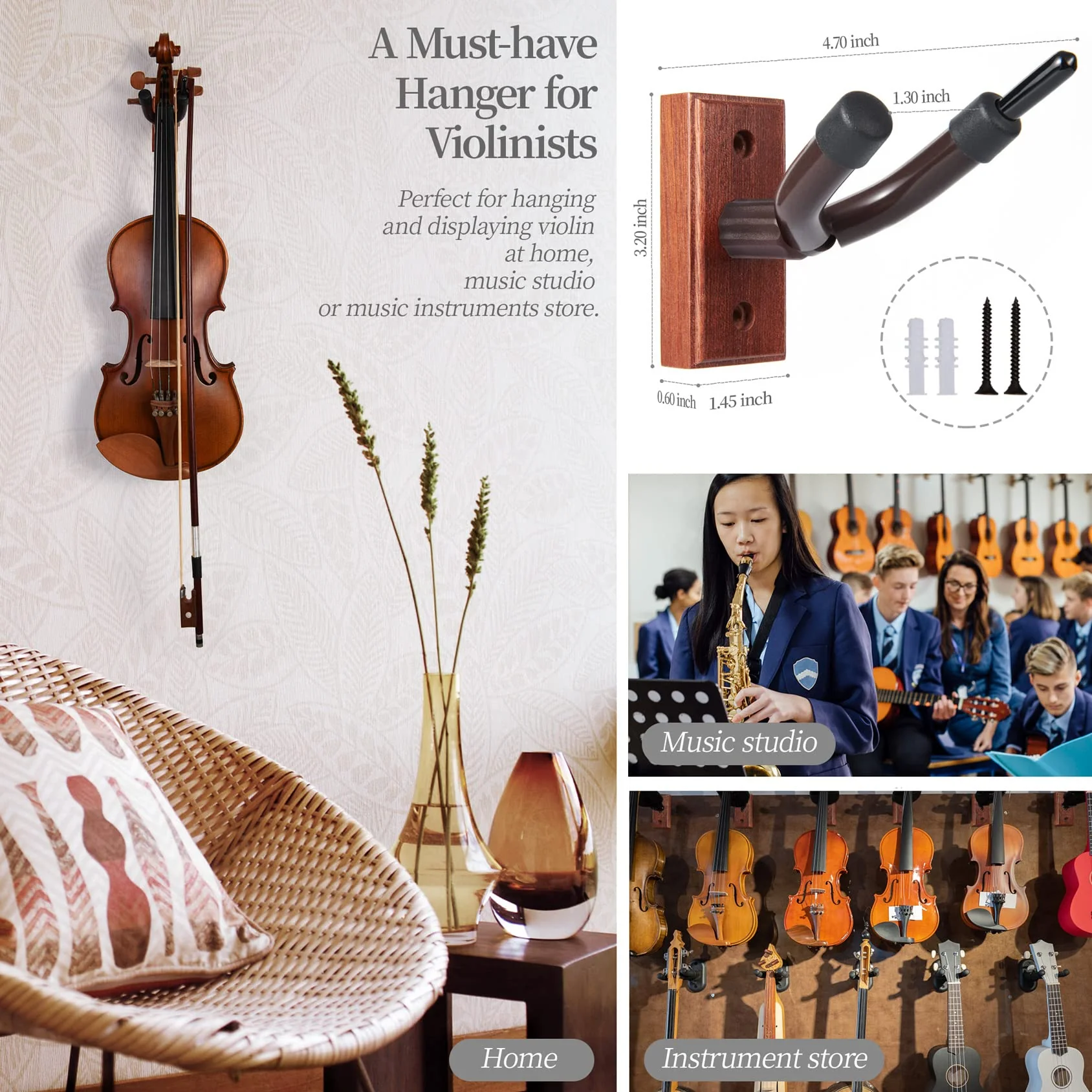 Violin Wall Mount,Violin Hanger - Mahogany Wood Violin Viola Hanger 1 Pack - Image 3