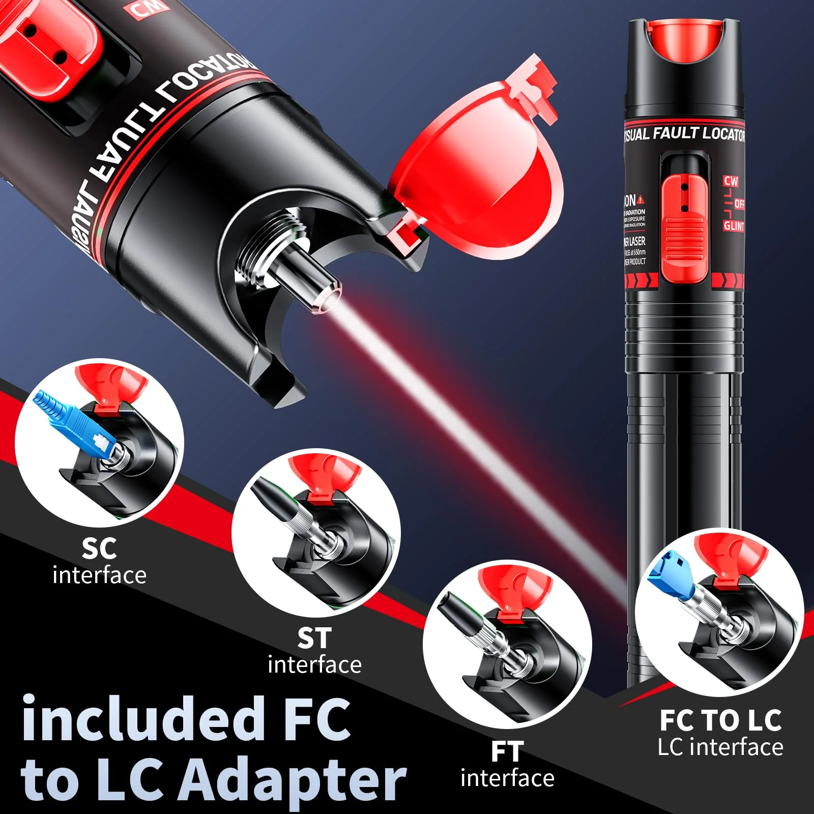 Visual Fault Locator 30KM - Rechargeable VFL Fiber Optic Tester Kit Include Single Mode 9/125um FC Male to LC Female Adapter, Fiber Optic Lights for Network Cable 30km-Rechargeable - Image 3