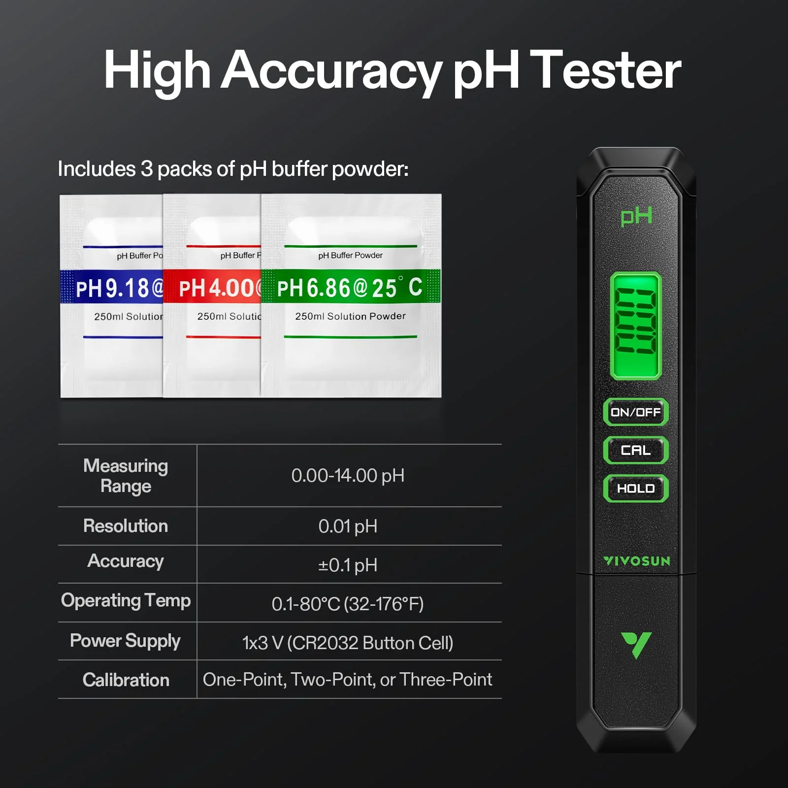 VIVOSUN Digital pH Meter, 3-in-1 TDS/EC/Temperature Meter, 3-in-1 Soil Moisture/pH/Light Tester Combo for Home, Garden and Hydroponics Black-White-Green - Image 3
