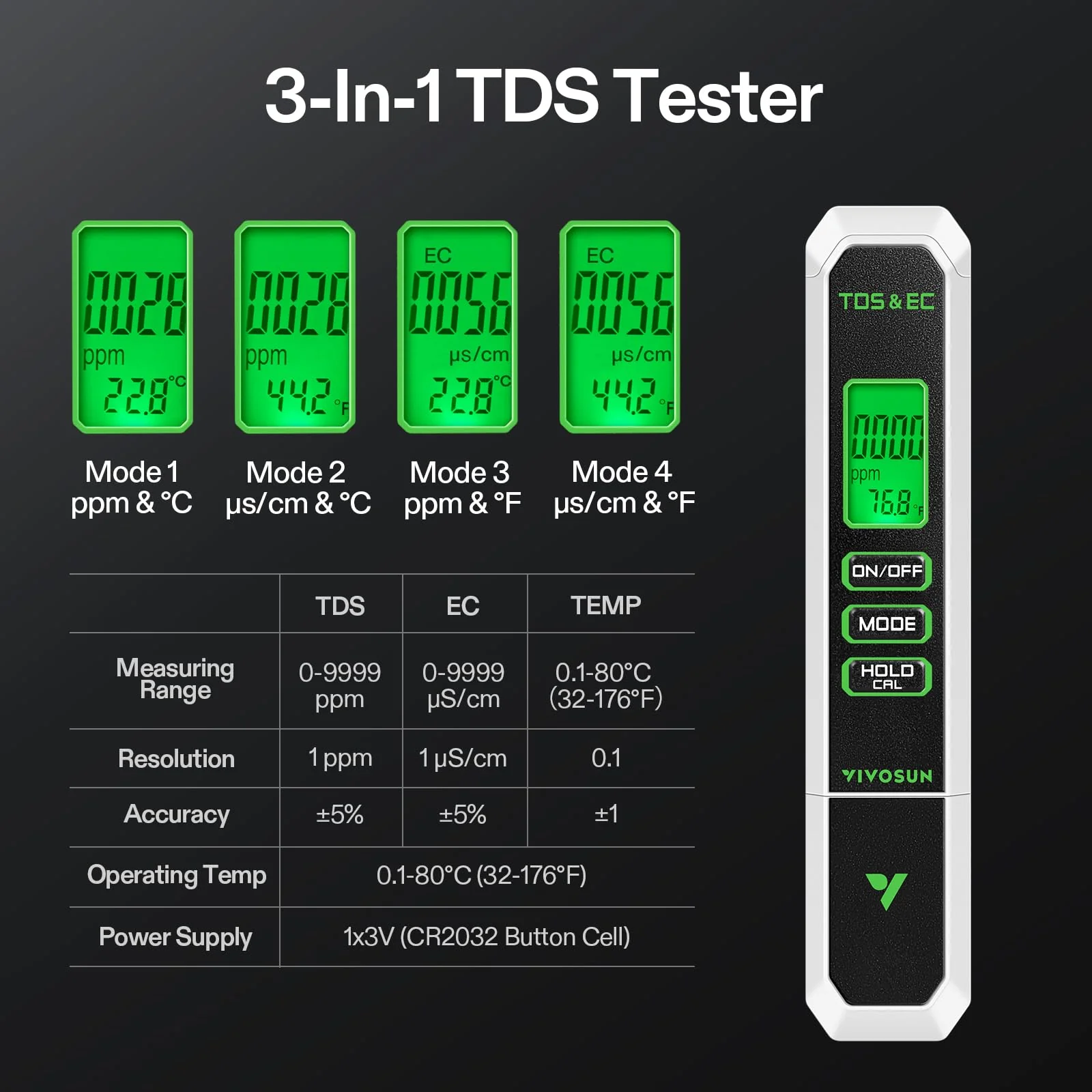 VIVOSUN Digital pH Meter, 3-in-1 TDS/EC/Temperature Meter, 3-in-1 Soil Moisture/pH/Light Tester Combo for Home, Garden and Hydroponics Black-White-Green - Image 5