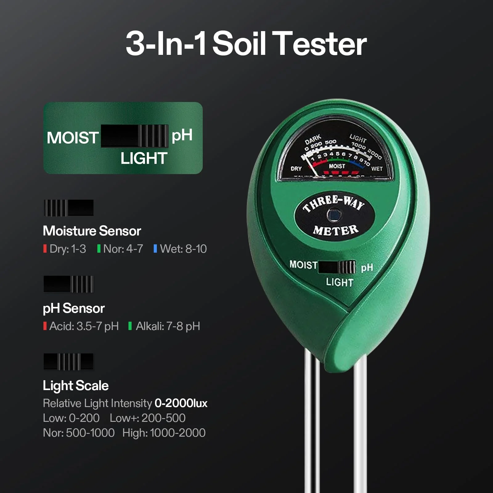 VIVOSUN Digital pH Meter, 3-in-1 TDS/EC/Temperature Meter, 3-in-1 Soil Moisture/pH/Light Tester Combo for Home, Garden and Hydroponics Black-White-Green - Image 7