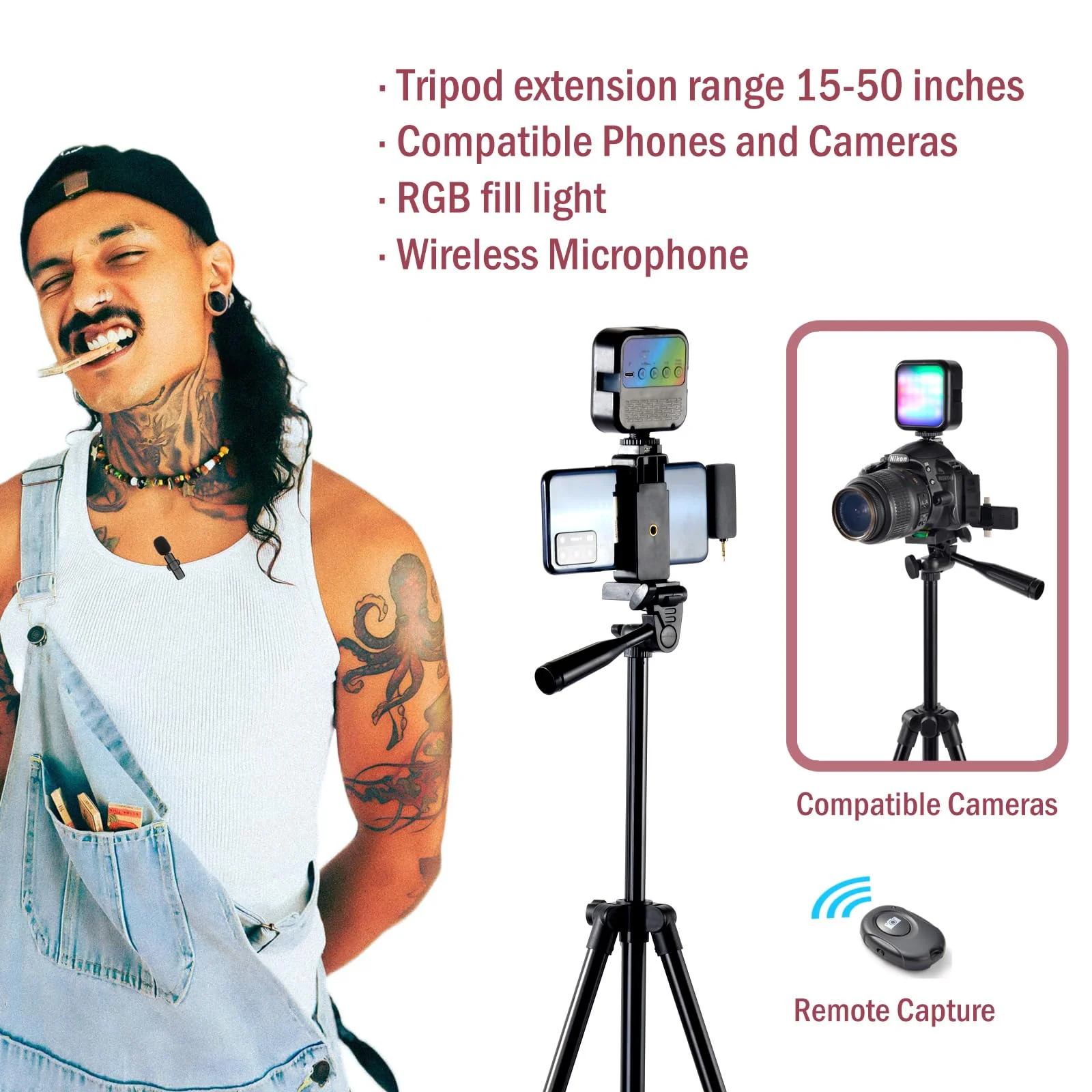 Vlogging Kit for iPhone,YouTube Starter Kit,Youtuber Kit Beginner Content Creator Essentials Kit for Android Phone,Vlogging Camera Kit with Extendable Tripod/Wireless Microphone/RGB Fill-in Light - Image 2