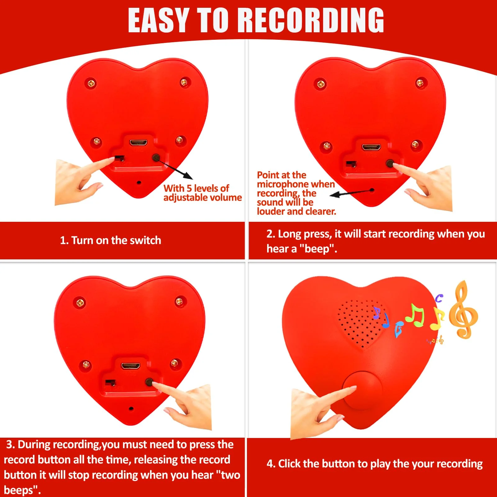 Voice Recorder,350s Voice Box for Recordable Gifts Button Sound Box for Stuffed Animals, Mother's day Valentine Christmas Plush Toy & Manual DIY Creative Sound Gifts for Boys, Girls (Red) XINR11-Only Record - Image 4