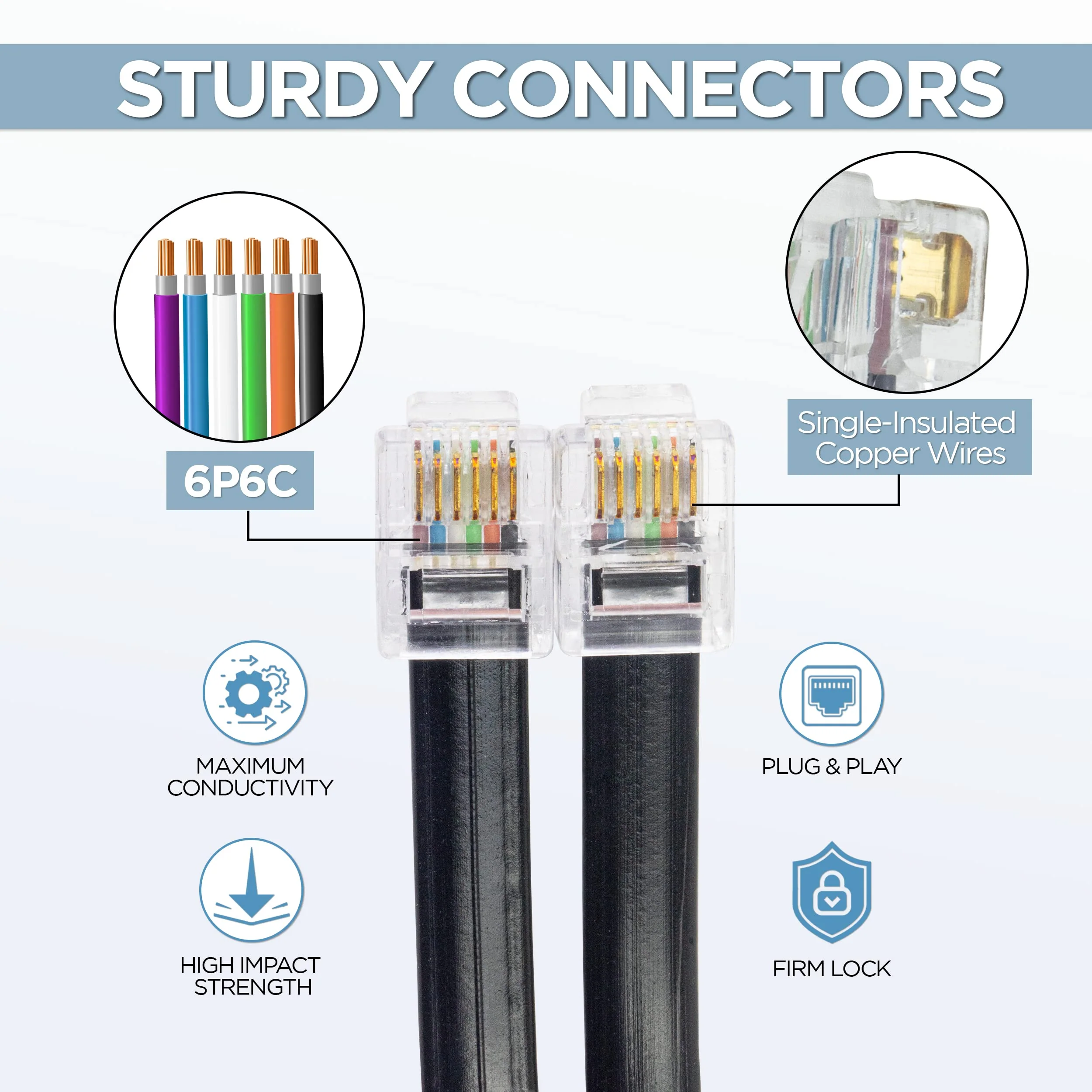 Volcora 5 Feet RJ11 / RJ12 Data Cable - Heavy Duty 6-Pins High-Speed Extension for Cash Register Drawer, Telephone, Modem, Fax, Printers, and More - Drawer Cable for Voice and Data 1 5 ft - Image 5