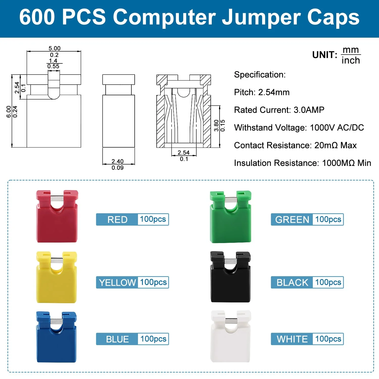 VooGenzek 600 Pieces 6 Colours 2.54 mm Computer Jumper Caps Shunts Short Circuit Cap, 2.54 mm Short Circuit Jumper Caps, Jumper Caps for PCB, 2-Terminal Open Top Jumper Cap, for Arduino PCB - Image 2