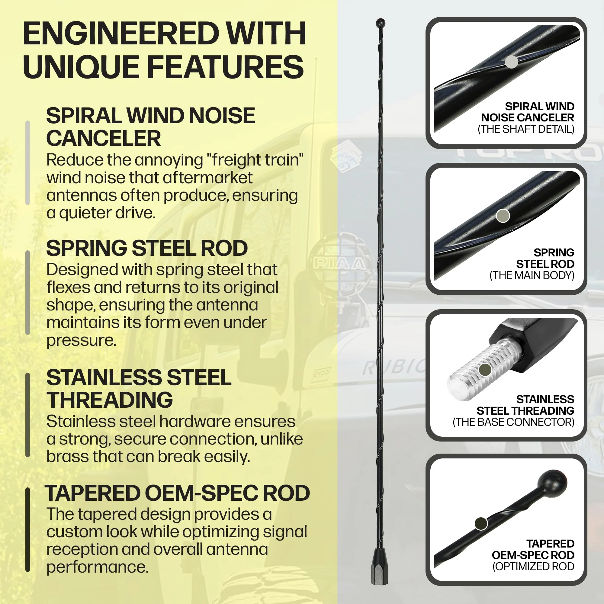 Votex - OEM Size 31 Inch Black Antenna - Spiral Wind Noise Cancellation - Spring Steel Construction - Stainless Steel Threading - Image 3