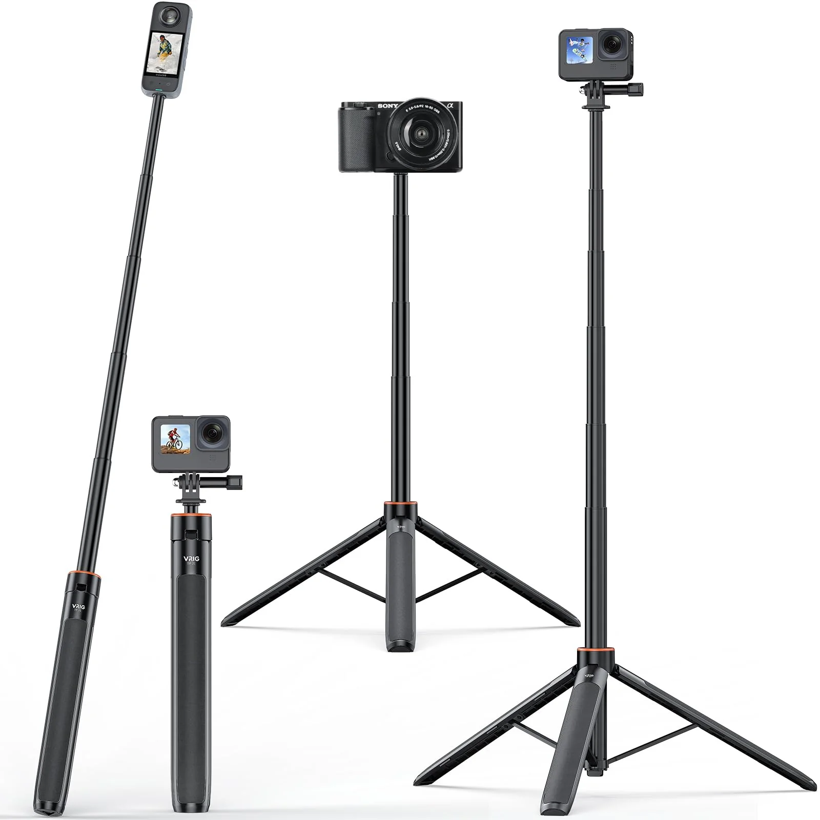 VRIG Extendable Selfie Stick Tripod for GoPro Max Hero 10 9 8 7 6 5 4, DJI Osmo Action, Insta 360 One R and More Action Camera(55.1'') 55.1''