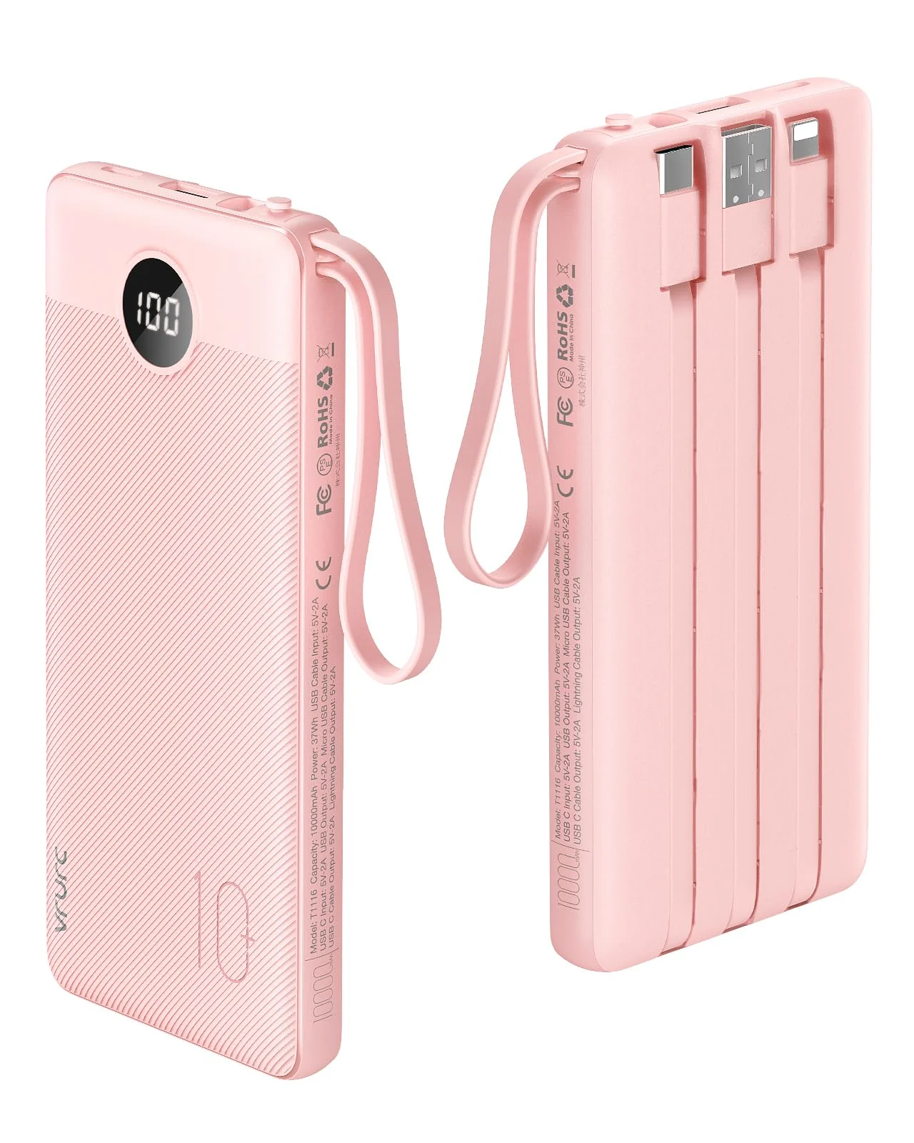 VRURC Portable Charger 10000mAh, Slim LED Display Power Bank, 5 Output 2 Input Cell Phone Battery Pack, Built-in Micro & USB C Cables Phone Charger Compatible with iPhone,Samsung,Android-Pink(1 Pack) Pink