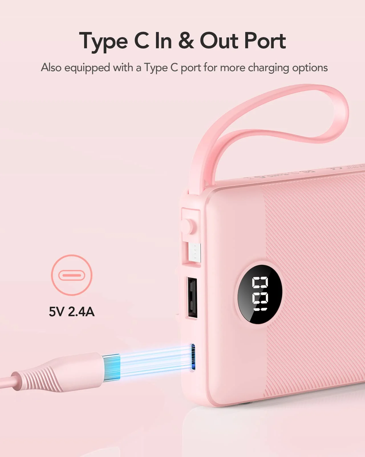 VRURC Portable Charger 10000mAh, Slim LED Display Power Bank, 5 Output 2 Input Cell Phone Battery Pack, Built-in Micro & USB C Cables Phone Charger Compatible with iPhone,Samsung,Android-Pink(1 Pack) Pink - Image 3
