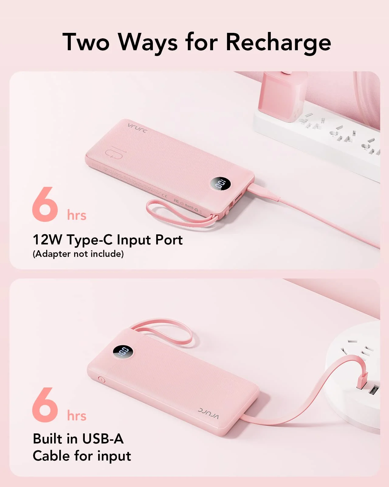 VRURC Portable Charger 10000mAh, Slim LED Display Power Bank, 5 Output 2 Input Cell Phone Battery Pack, Built-in Micro & USB C Cables Phone Charger Compatible with iPhone,Samsung,Android-Pink(1 Pack) Pink - Image 6