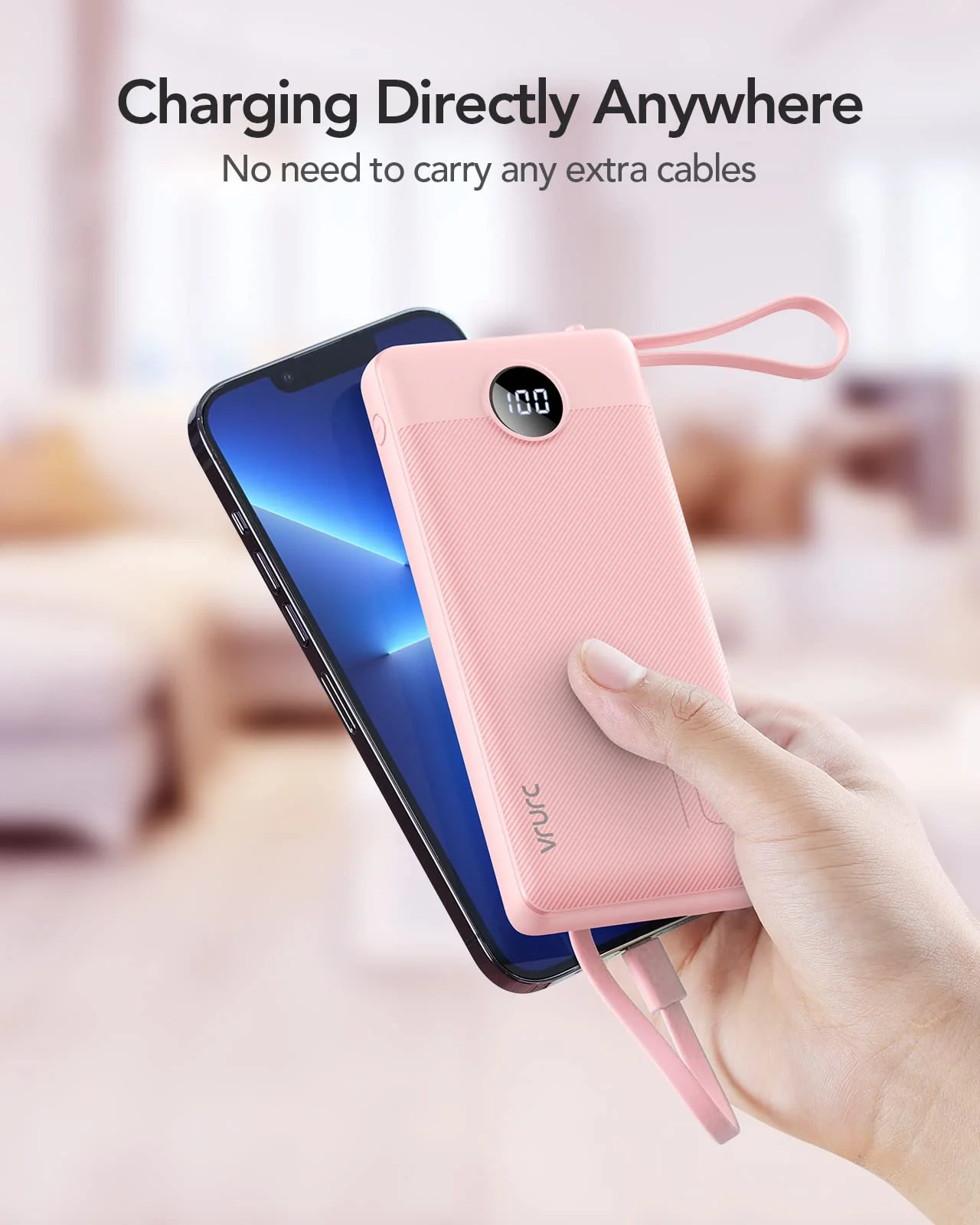 VRURC Portable Charger 10000mAh, Slim LED Display Power Bank, 5 Output 2 Input Cell Phone Battery Pack, Built-in Micro & USB C Cables Phone Charger Compatible with iPhone,Samsung,Android-Pink(1 Pack) Pink - Image 8