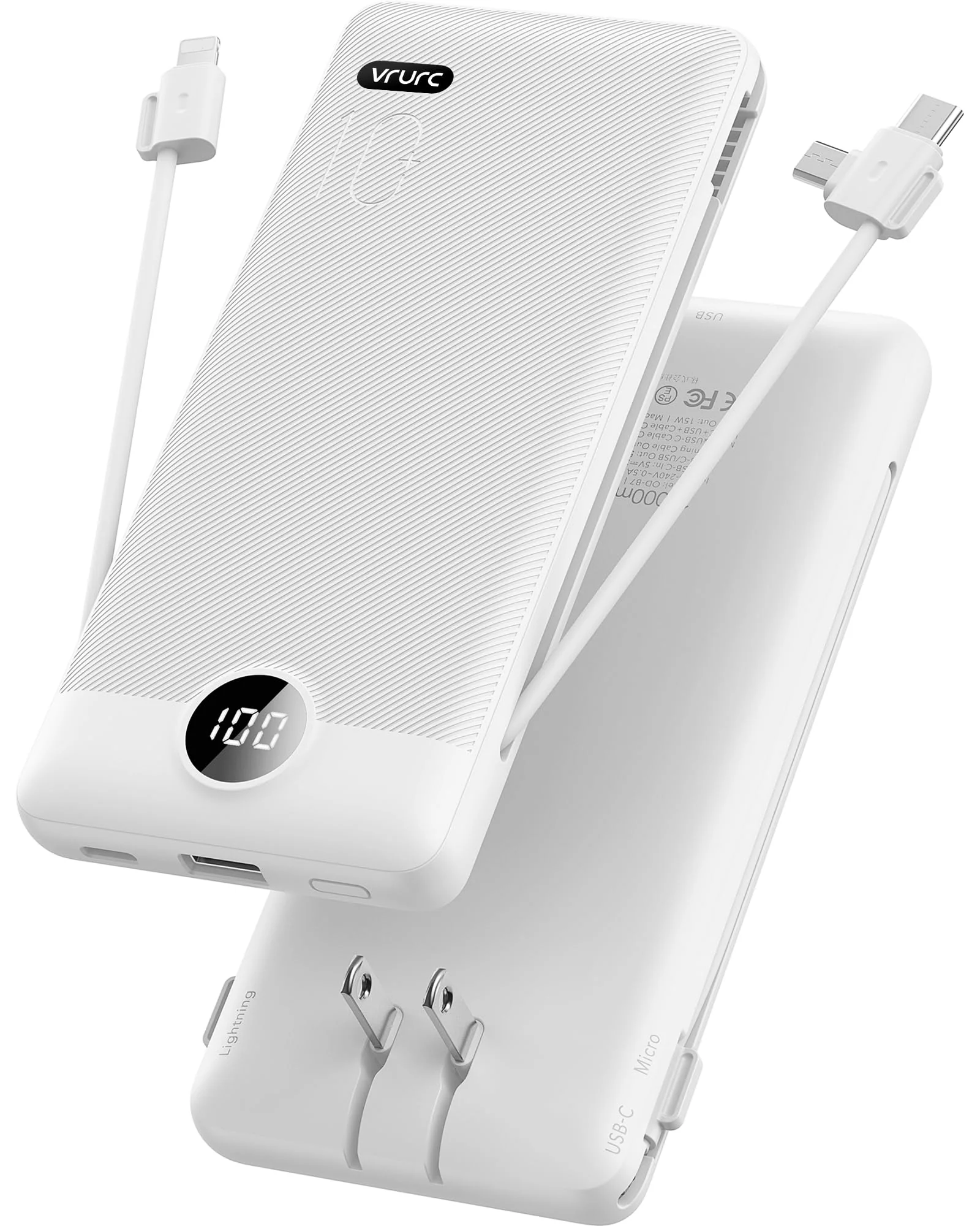 VRURC Portable Charger Built-in Cables and AC Wall Plug, USB C Power Bank 10000mAh, [2023 Upgraded Version] Phone Charger Compact Lightweight External Battery Pack for Smart Phones, Tablets etc-White White