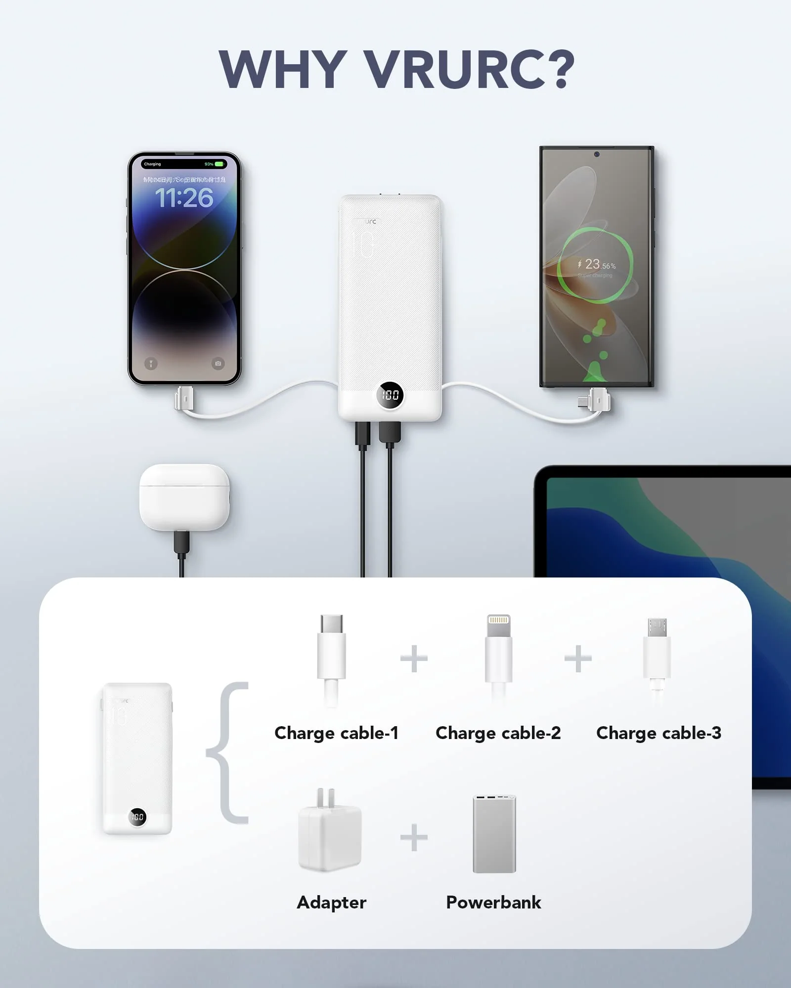 VRURC Portable Charger Built-in Cables and AC Wall Plug, USB C Power Bank 10000mAh, [2023 Upgraded Version] Phone Charger Compact Lightweight External Battery Pack for Smart Phones, Tablets etc-White White - Image 4