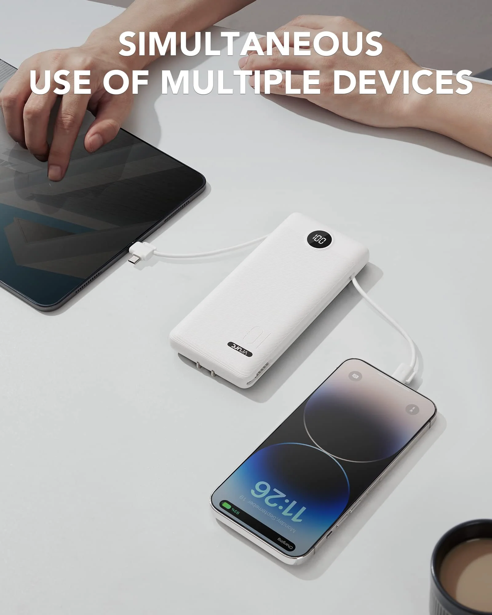 VRURC Portable Charger Built-in Cables and AC Wall Plug, USB C Power Bank 10000mAh, [2023 Upgraded Version] Phone Charger Compact Lightweight External Battery Pack for Smart Phones, Tablets etc-White White - Image 7