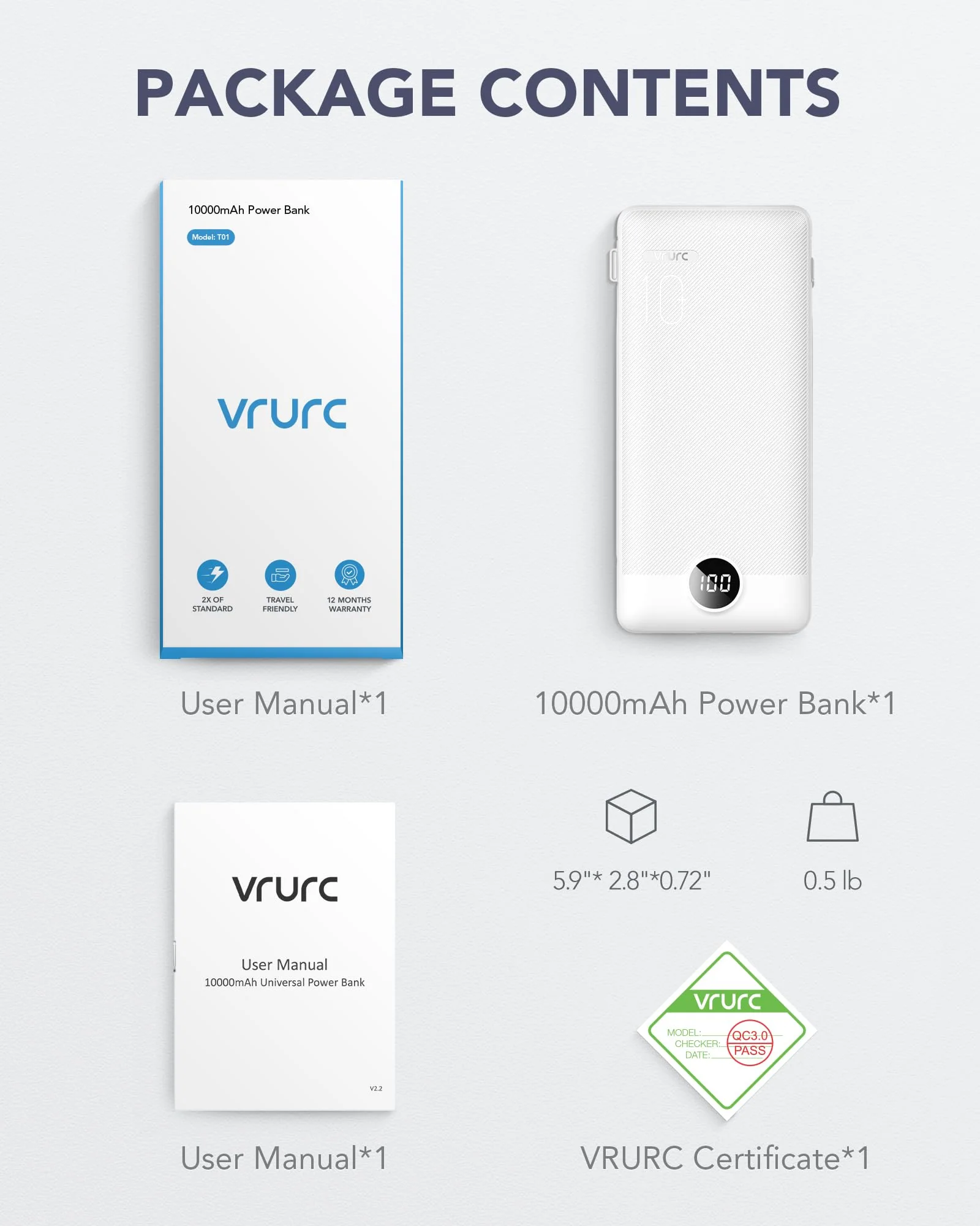 VRURC Portable Charger Built-in Cables and AC Wall Plug, USB C Power Bank 10000mAh, [2023 Upgraded Version] Phone Charger Compact Lightweight External Battery Pack for Smart Phones, Tablets etc-White White - Image 8
