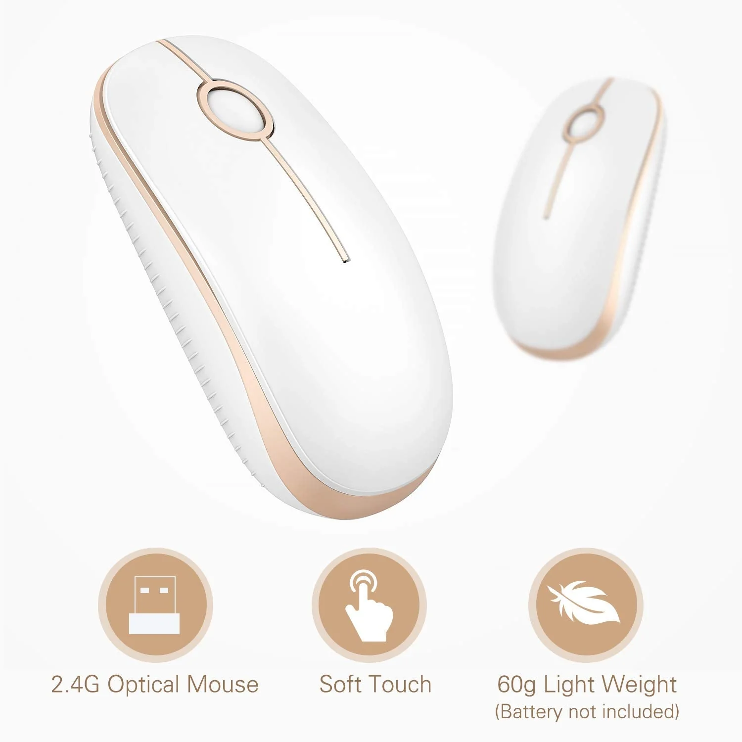 VssoPlor Wireless Mouse, 2.4G Slim Portable Computer Mice with Nano Receiver for Notebook, PC, Laptop, Computer (White and Gold) White and Gold - Image 4