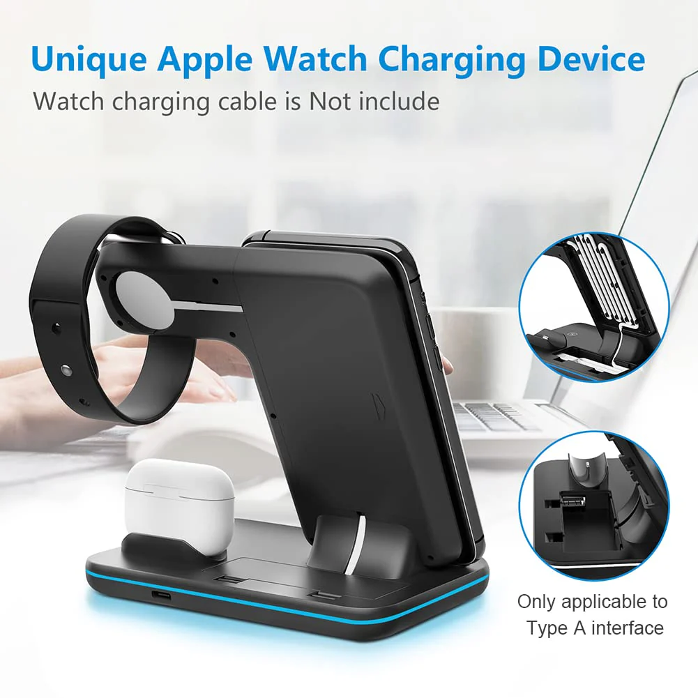 WAITIEE Wireless Charger 3 in 1, 15W Fast Charging Station for Apple iWatch SE/6/5/4/3/2/1,AirPods Pro, Compatible with iPhone 13/12/12 Pro Max/11 Series/XS Max/XR/XS/X/8/8 Plus/Samsung Galaxy (Black) Black - Image 3
