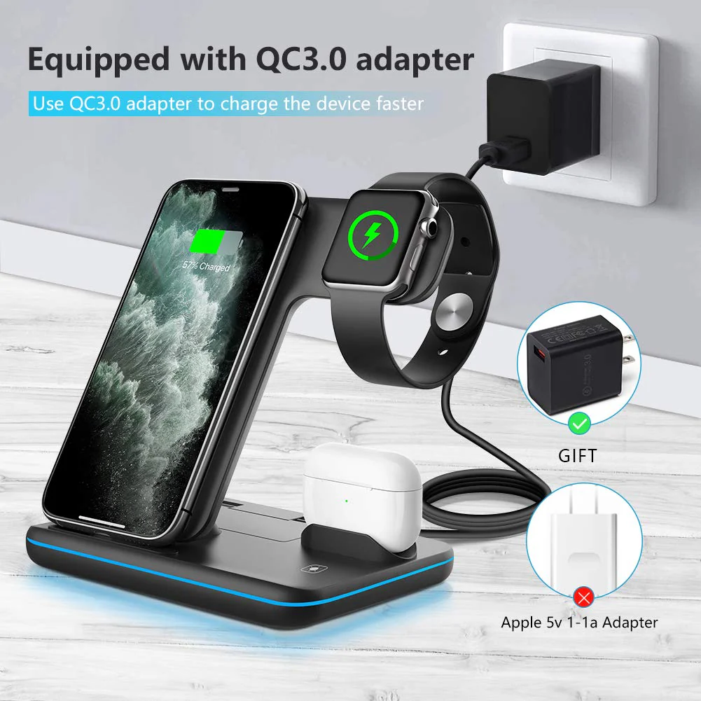 WAITIEE Wireless Charger 3 in 1, 15W Fast Charging Station for Apple iWatch SE/6/5/4/3/2/1,AirPods Pro, Compatible with iPhone 13/12/12 Pro Max/11 Series/XS Max/XR/XS/X/8/8 Plus/Samsung Galaxy (Black) Black - Image 5