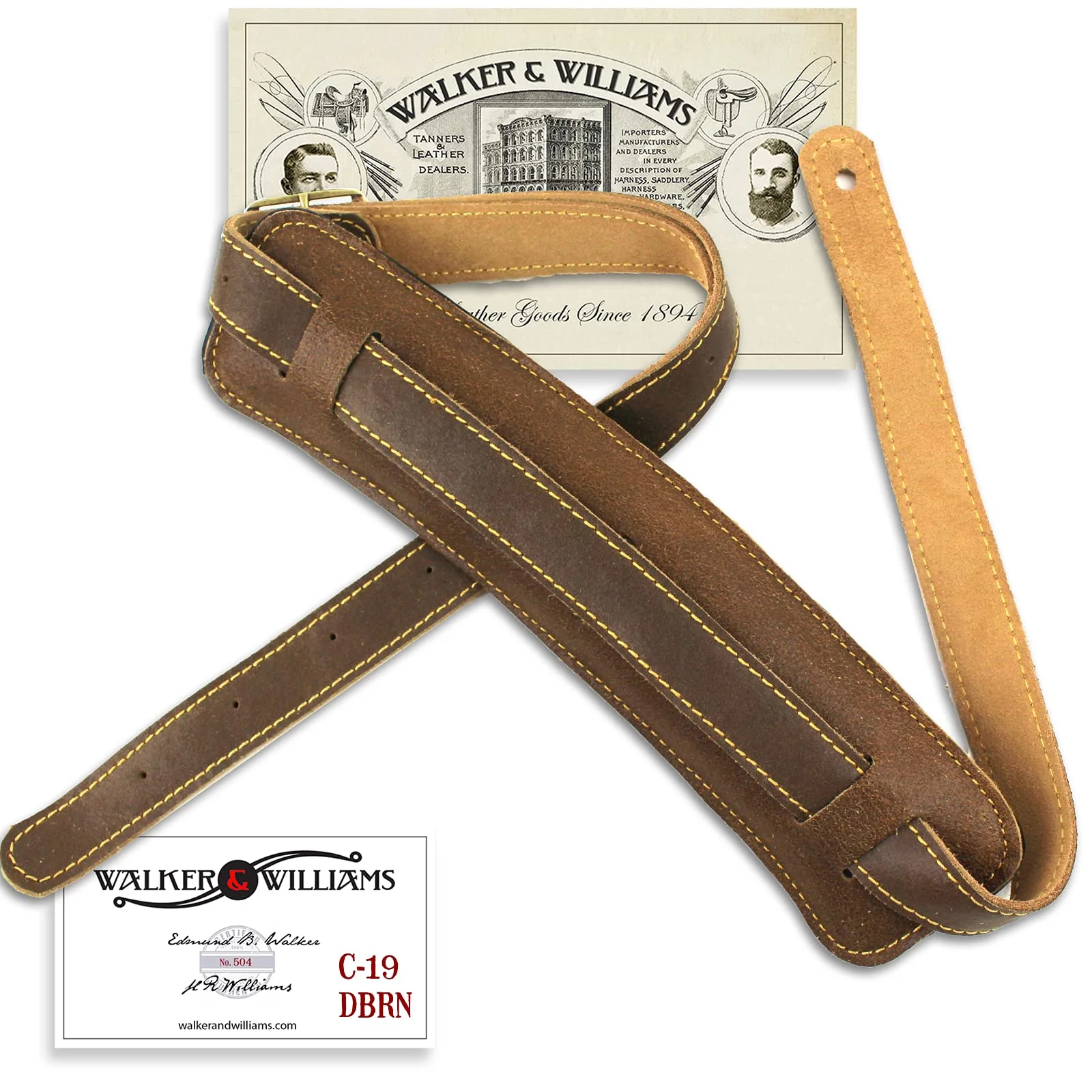 Walker And Williams C-19-DBRN Distressed Brown Finish Premium Soft Grain Leather Vintage Slash Guitar Strap Extra Long For Acoustic, Electric, And Bass Guitars - Image 7