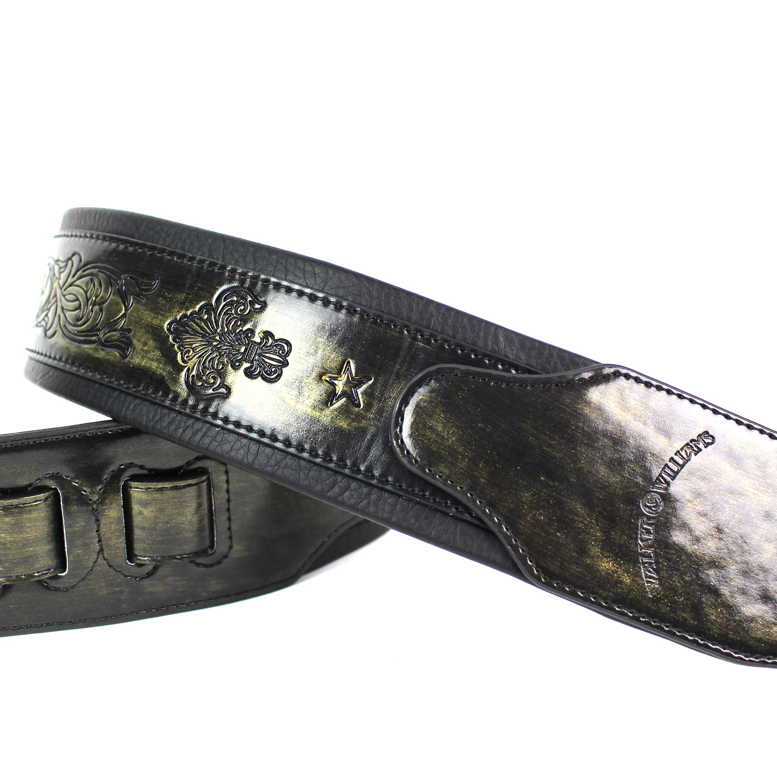 Walker and Williams GB-24 Brushed Gold Padded Guitar Strap with Fleur De Lis & French Chain Design for Acoustic, Electric, and Bass Guitars - Image 3