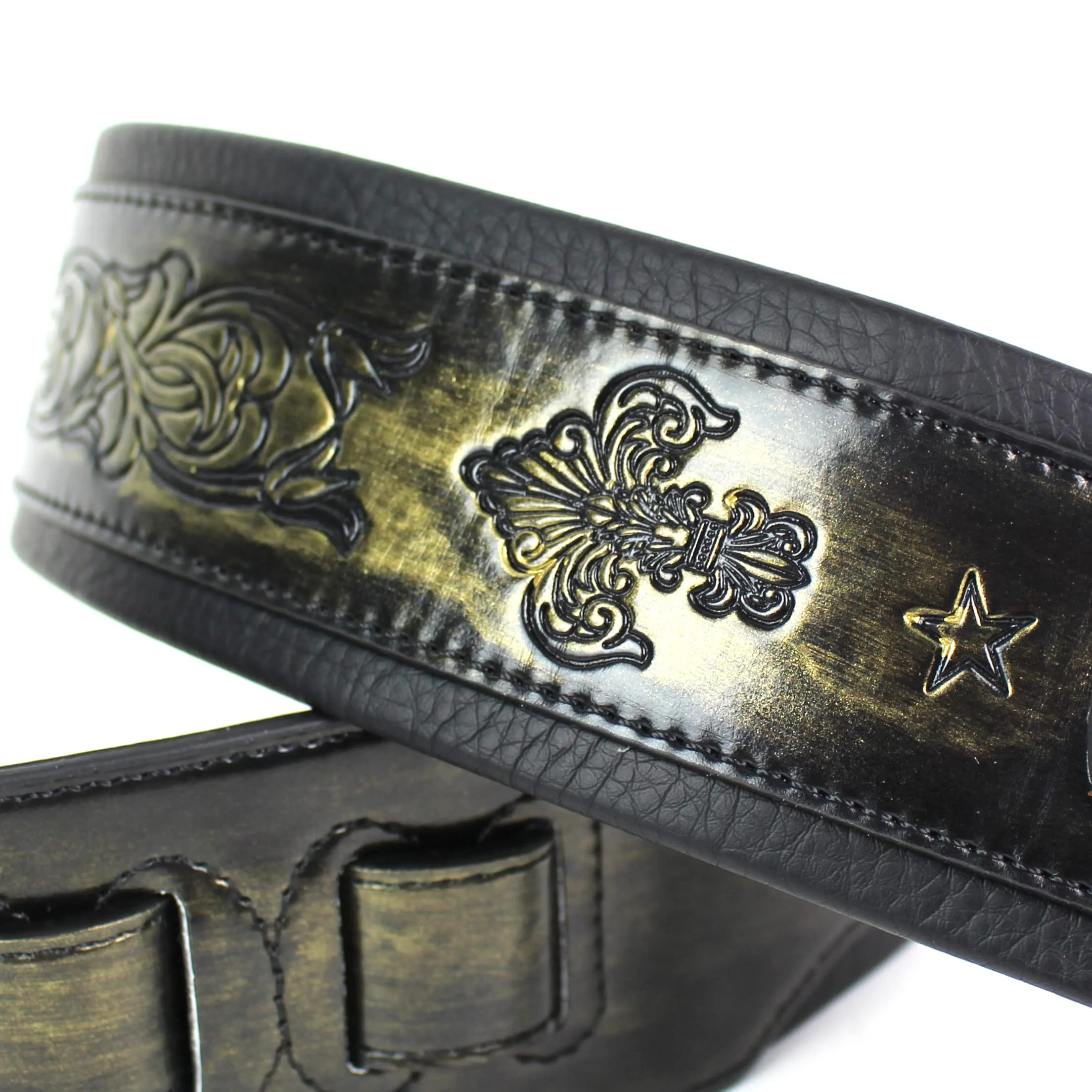 Walker and Williams GB-24 Brushed Gold Padded Guitar Strap with Fleur De Lis & French Chain Design for Acoustic, Electric, and Bass Guitars - Image 4