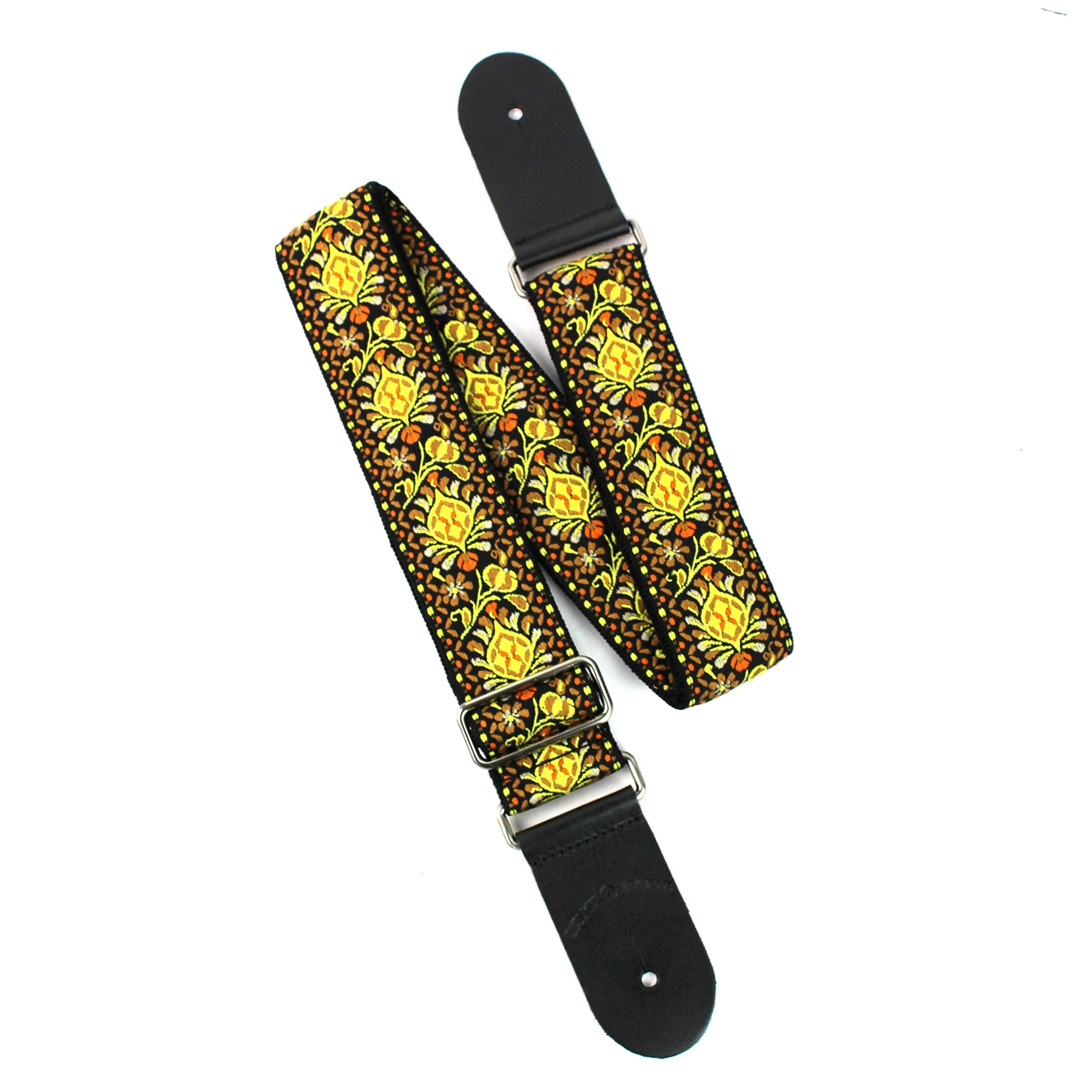 Walker And Williams H-03-MET Vintage Series Yellow & Orange Mandala Woven Guitar Strap with Brushed Nickel Hardware And Thick Leather Ends For Acoustic, Electric, And Bass Guitars
