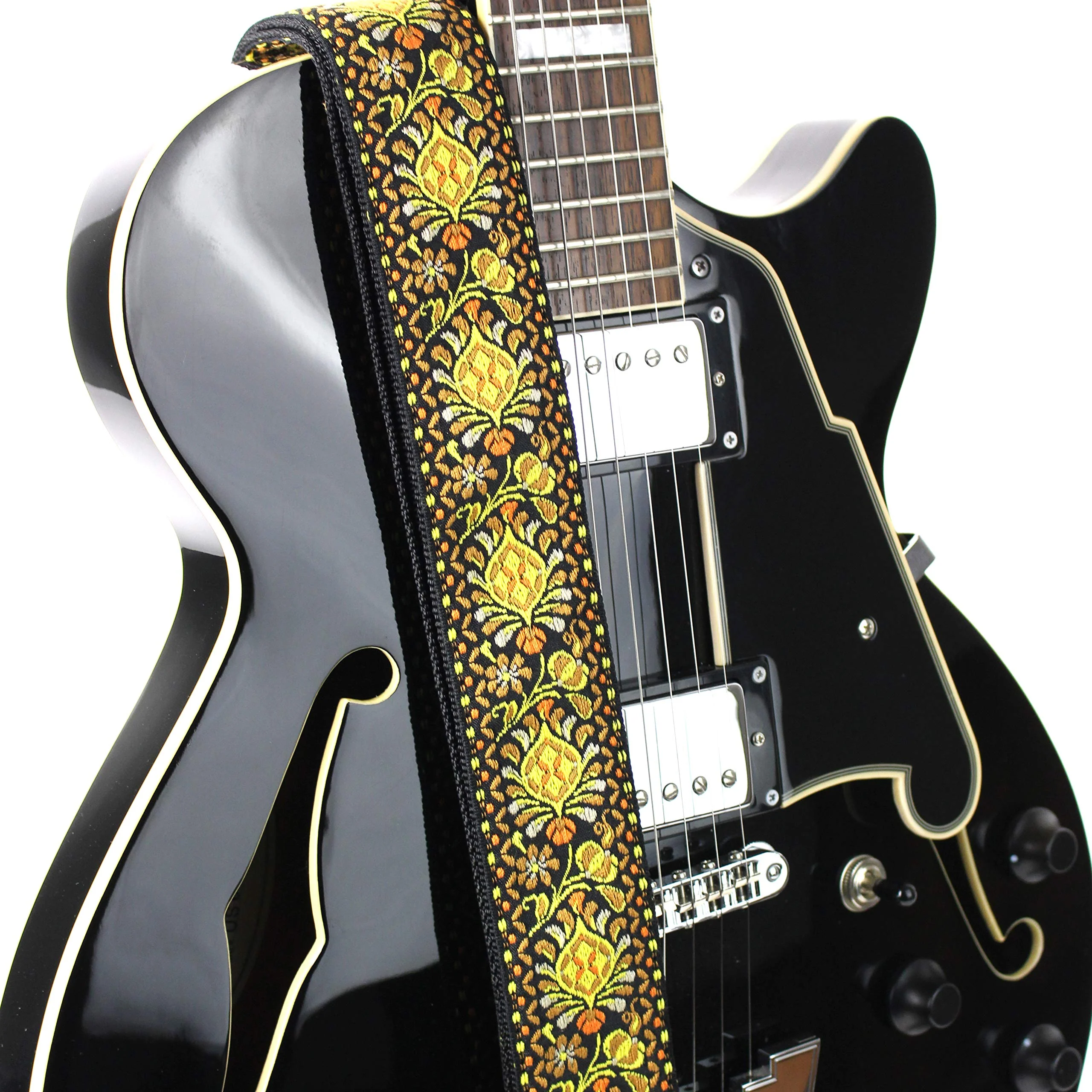 Walker And Williams H-03-MET Vintage Series Yellow & Orange Mandala Woven Guitar Strap with Brushed Nickel Hardware And Thick Leather Ends For Acoustic, Electric, And Bass Guitars - Image 5