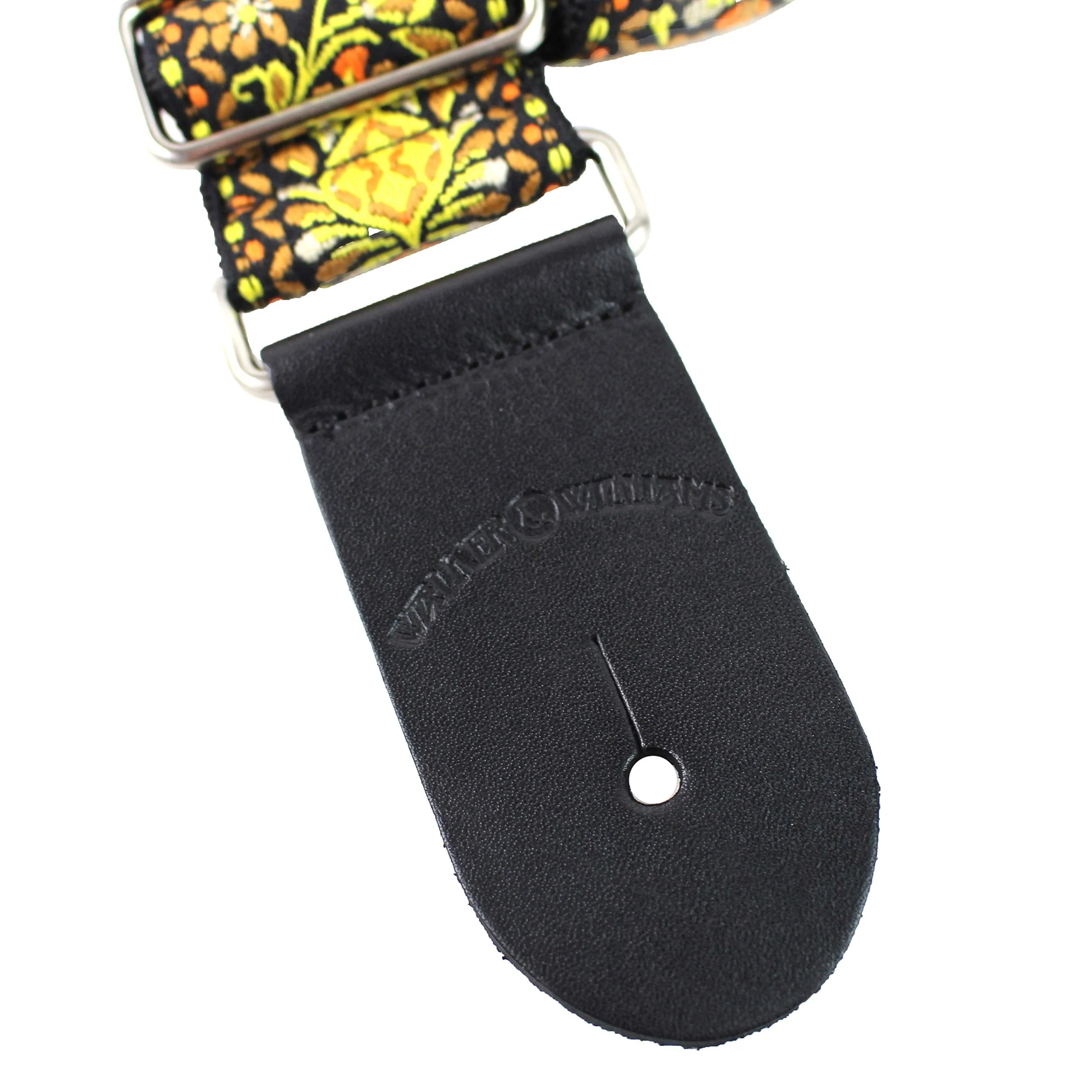 Walker And Williams H-03-MET Vintage Series Yellow & Orange Mandala Woven Guitar Strap with Brushed Nickel Hardware And Thick Leather Ends For Acoustic, Electric, And Bass Guitars - Image 6