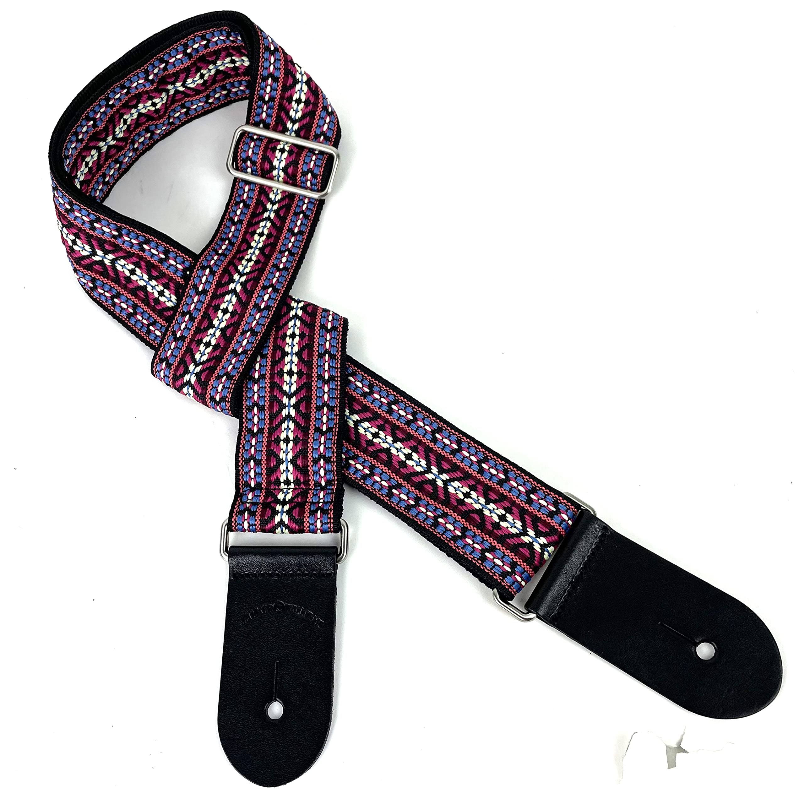 Walker And Williams H-19-M Vintage Series Guitar Strap Red, Blue & Cream Yucatan Style Weave With Thick Leather Ends For Acoustic, Electric, And Bass Guitars