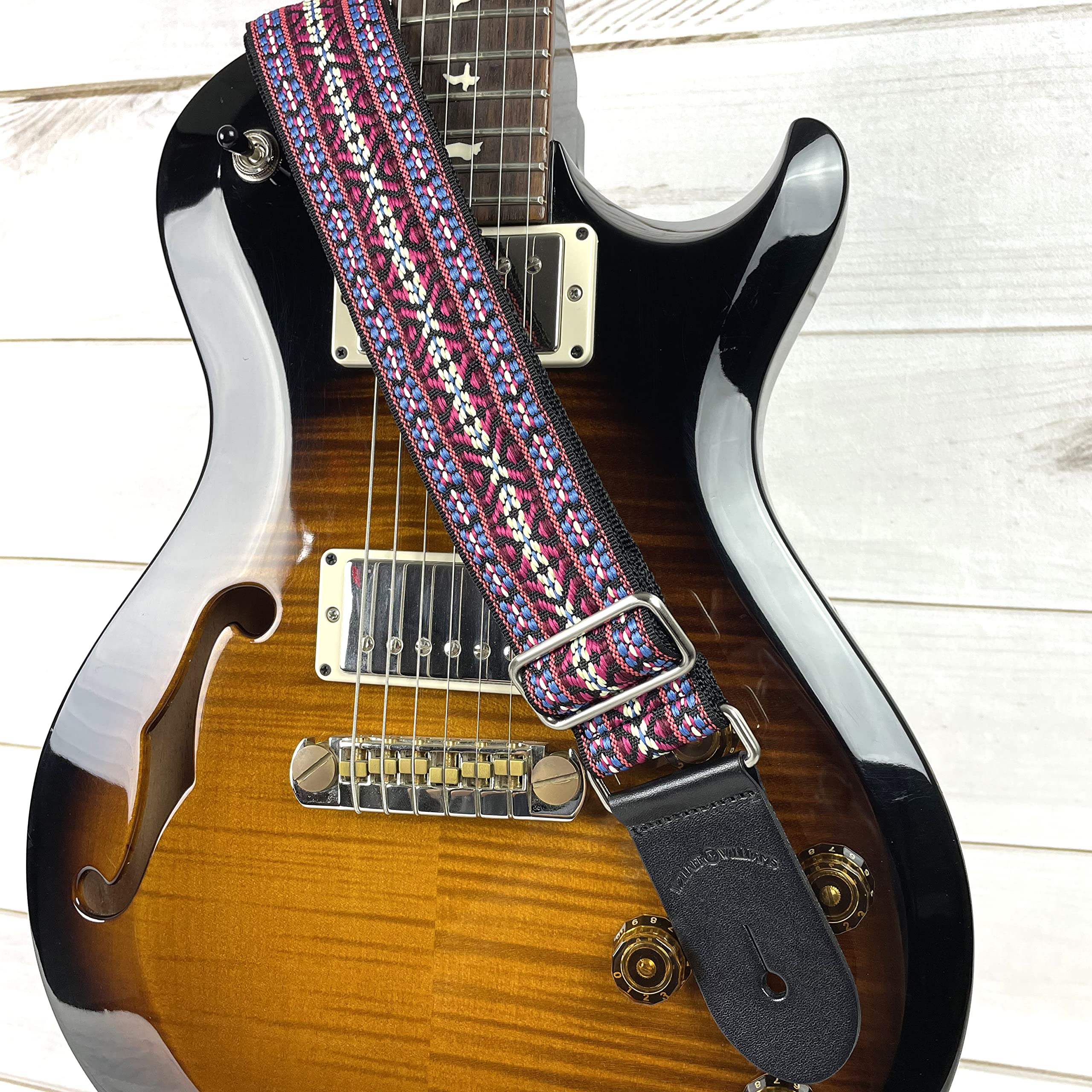 Walker And Williams H-19-M Vintage Series Guitar Strap Red, Blue & Cream Yucatan Style Weave With Thick Leather Ends For Acoustic, Electric, And Bass Guitars - Image 2