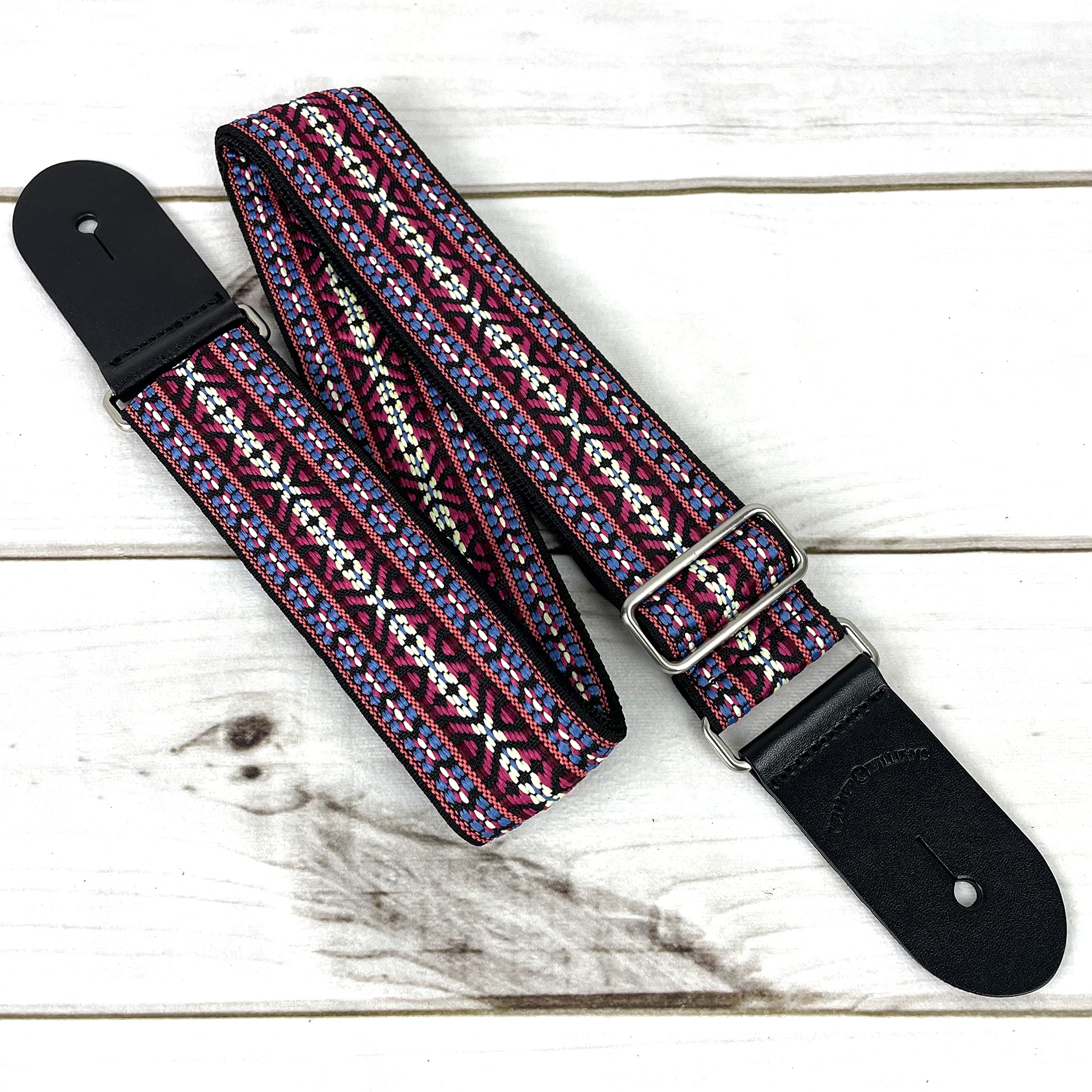Walker And Williams H-19-M Vintage Series Guitar Strap Red, Blue & Cream Yucatan Style Weave With Thick Leather Ends For Acoustic, Electric, And Bass Guitars - Image 5