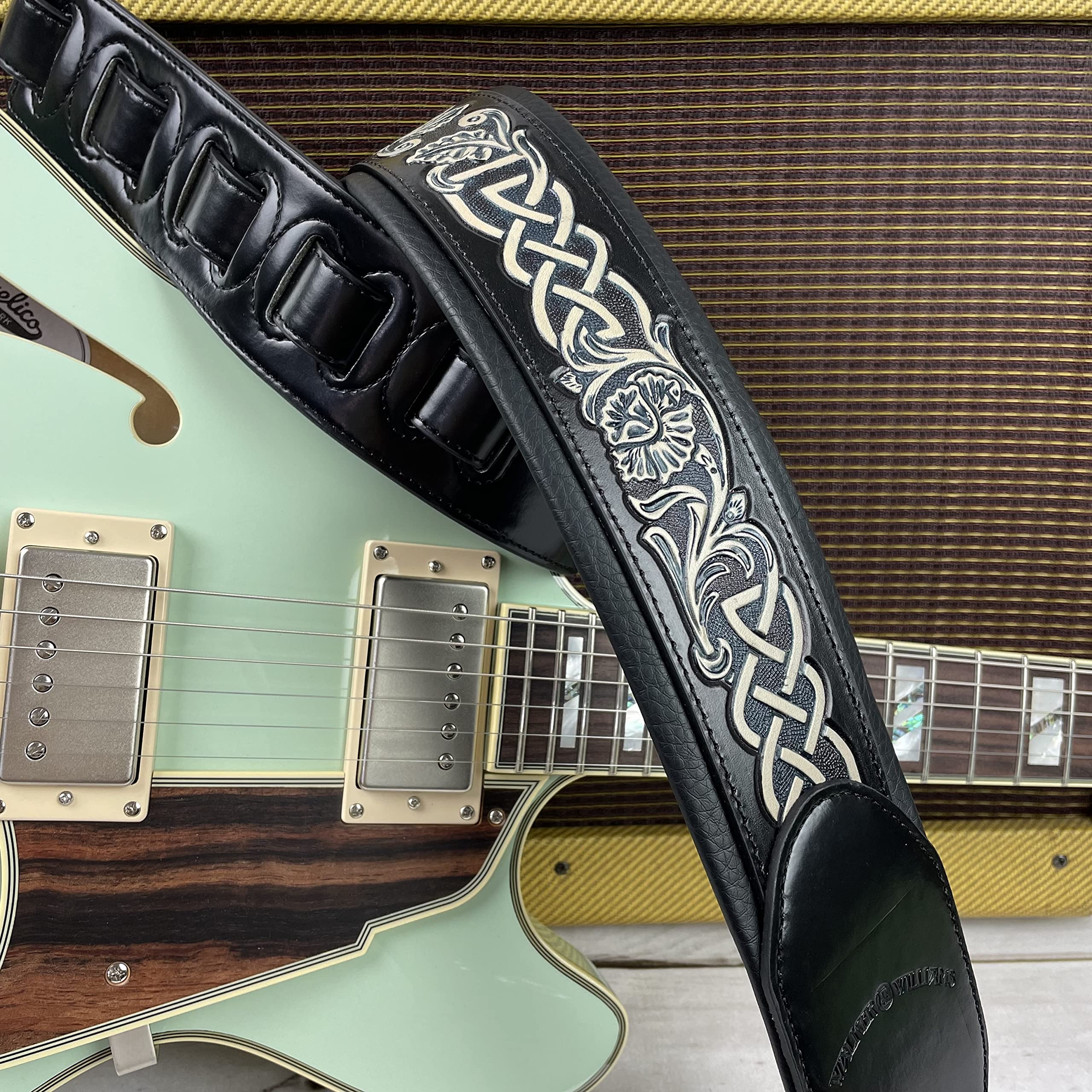 Walker And Williams KB-05-BLK Black Full Grain Center Block Premium Carving Leather Padded Guitar Strap With Aged White Carved Celtic Chain For Acoustic, Electric, And Bass Guitars - Image 2