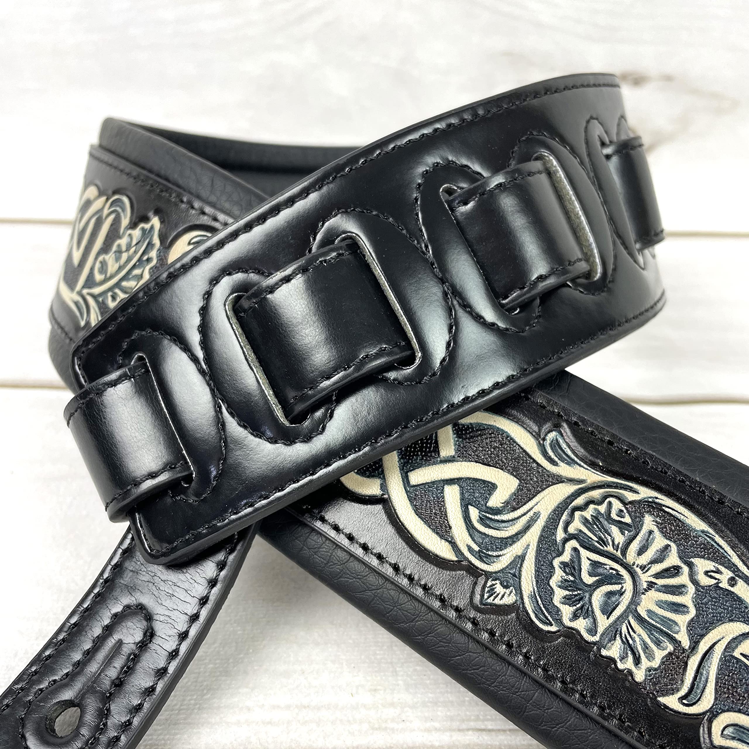 Walker And Williams KB-05-BLK Black Full Grain Center Block Premium Carving Leather Padded Guitar Strap With Aged White Carved Celtic Chain For Acoustic, Electric, And Bass Guitars - Image 3