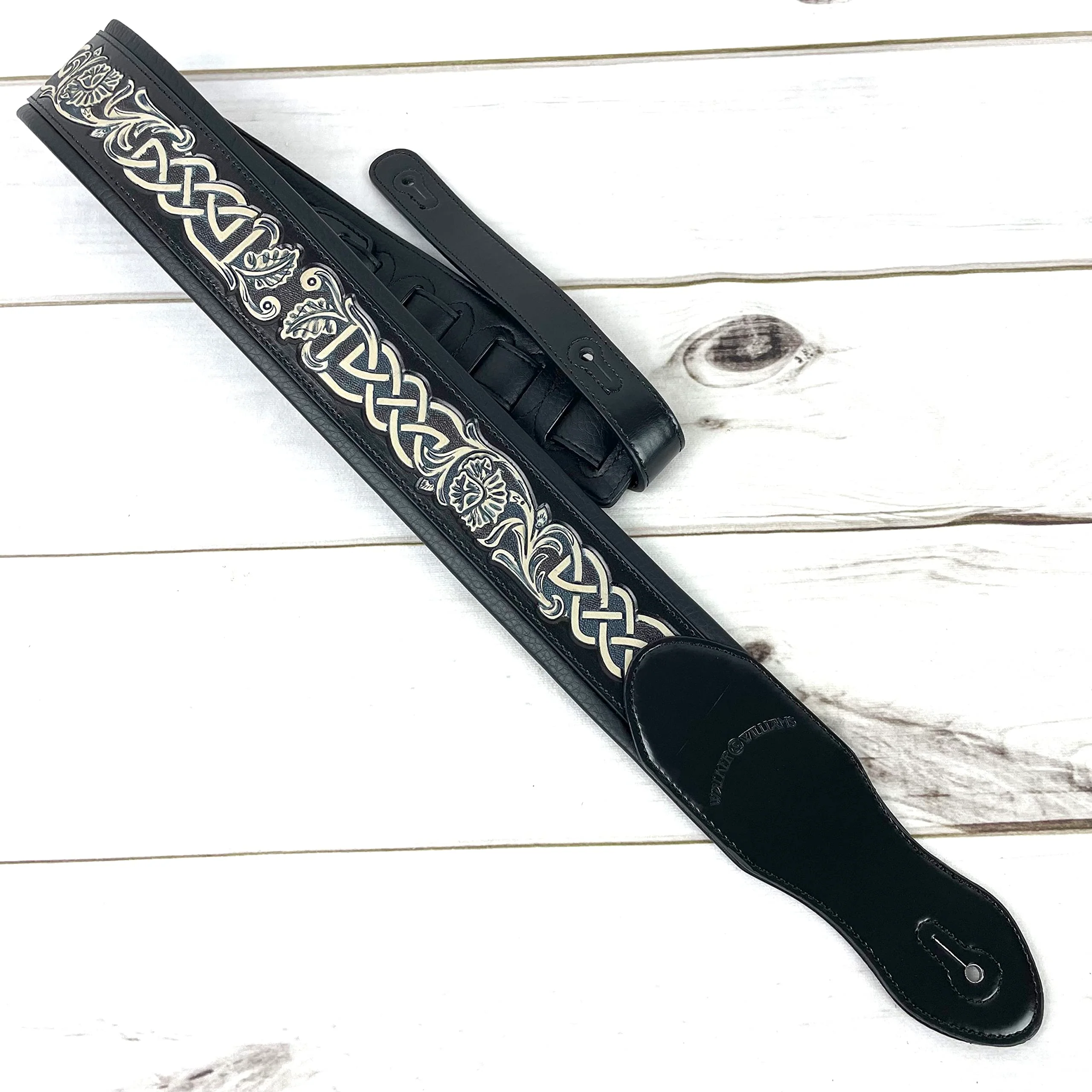 Walker And Williams KB-05-BLK Black Full Grain Center Block Premium Carving Leather Padded Guitar Strap With Aged White Carved Celtic Chain For Acoustic, Electric, And Bass Guitars - Image 7