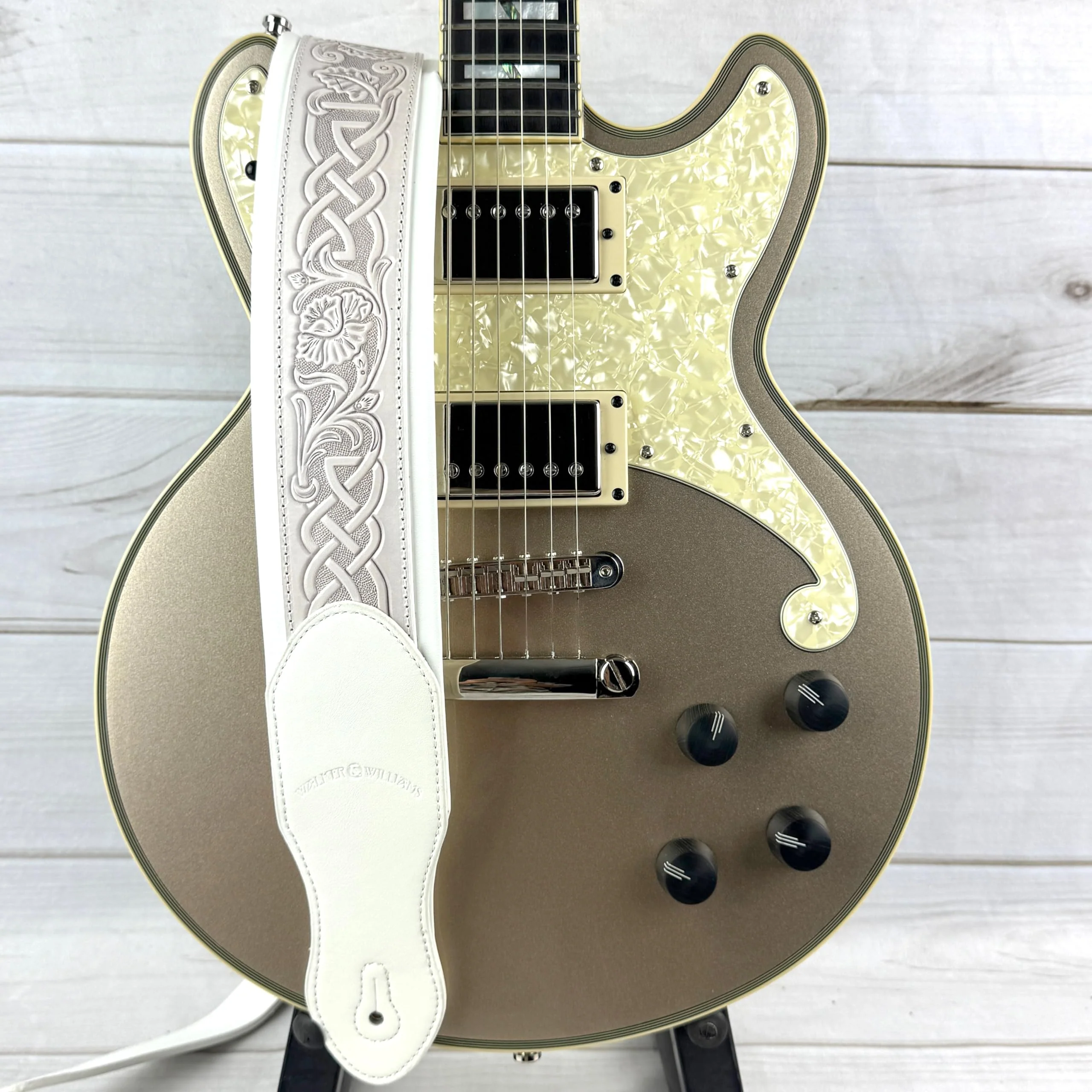 Walker And Williams KB-05-WHT Aged White Celtic Knot Full Grain Carving Leather Padded Strap With Arctic White garment leather Backing For Acoustic, Electric, And Bass Guitars - Image 3