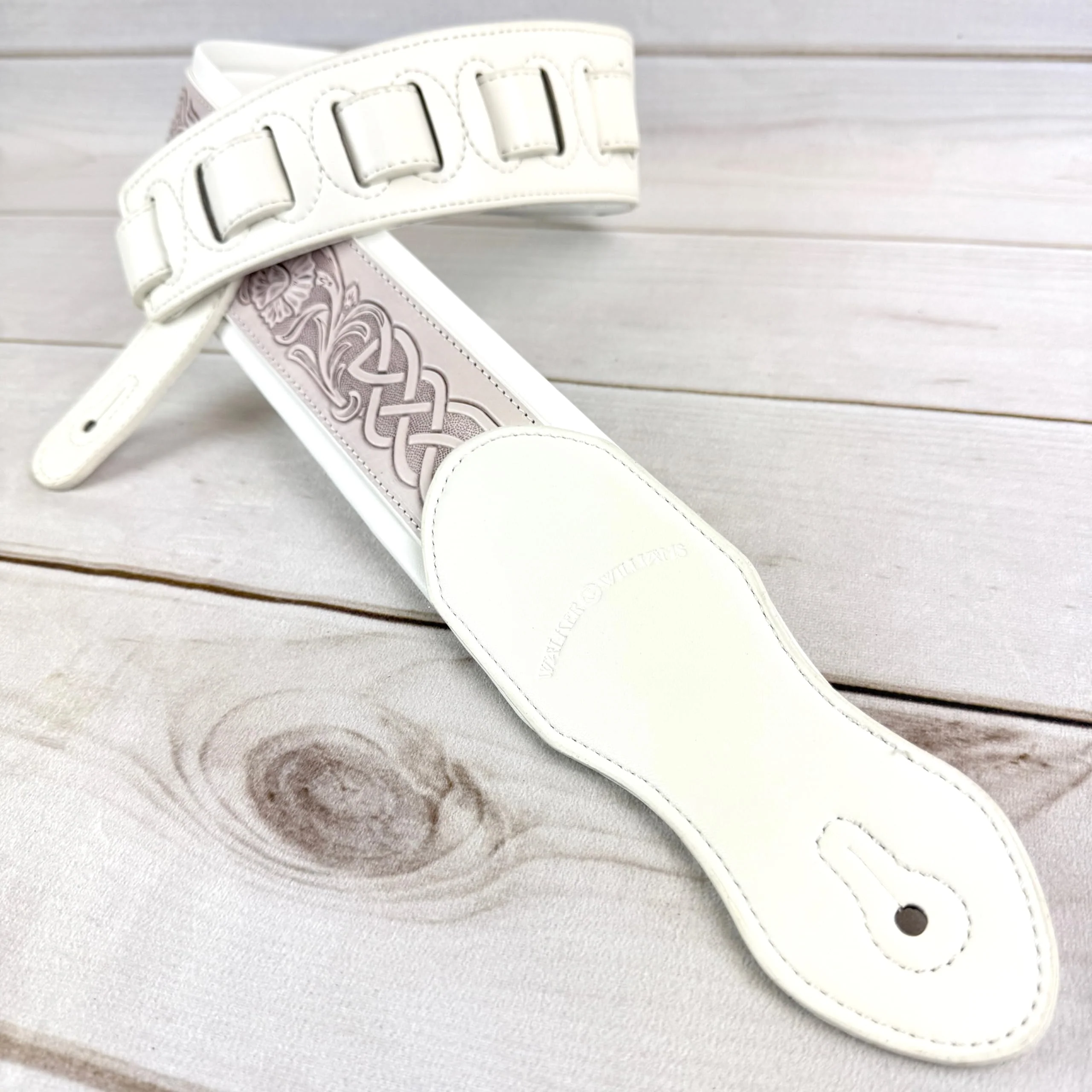 Walker And Williams KB-05-WHT Aged White Celtic Knot Full Grain Carving Leather Padded Strap With Arctic White garment leather Backing For Acoustic, Electric, And Bass Guitars - Image 8