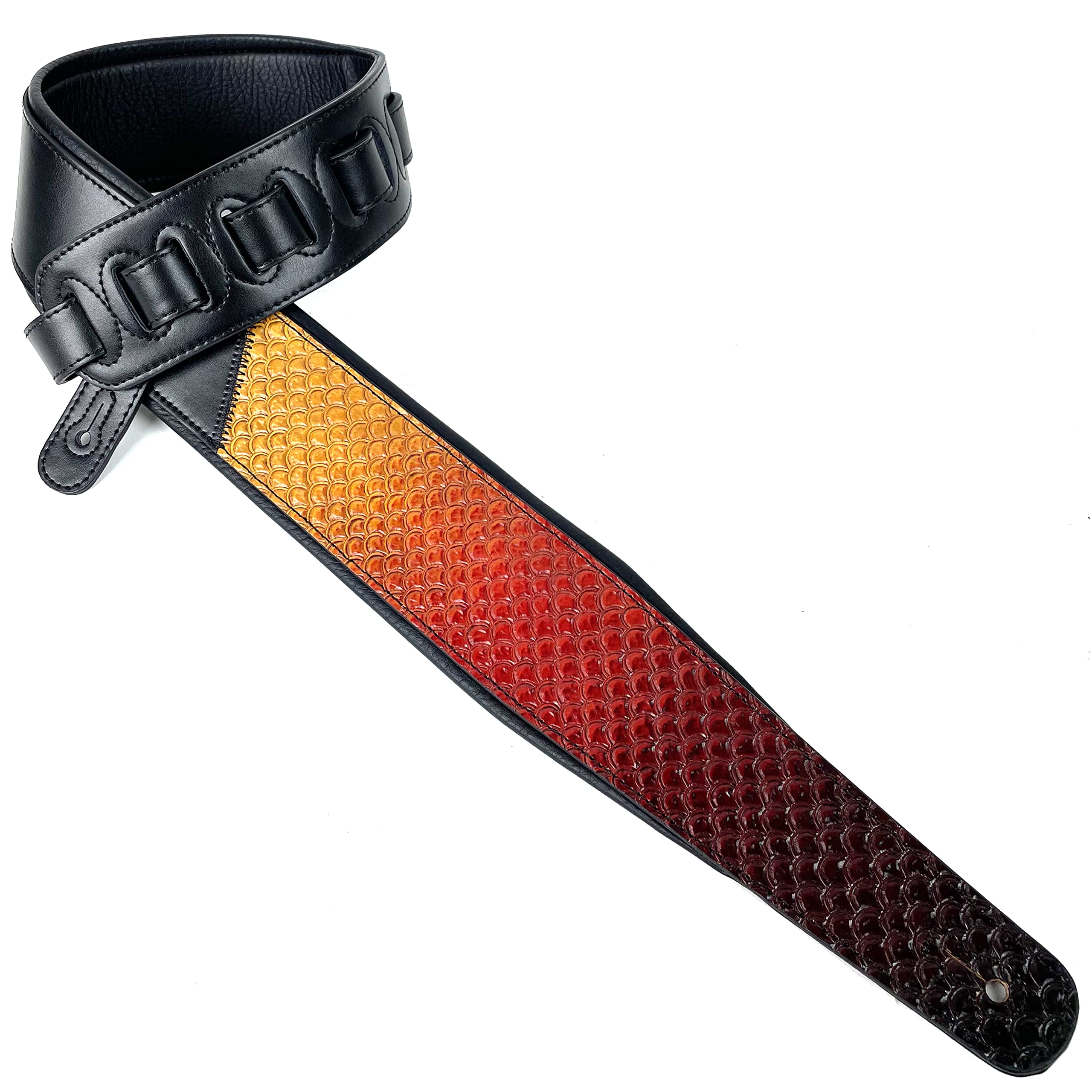 Walker And Williams KB-06 Premium Carved Fish Scale Guitar Strap In Painted Sunset Finish For Acoustic, Electric, And Bass Guitars