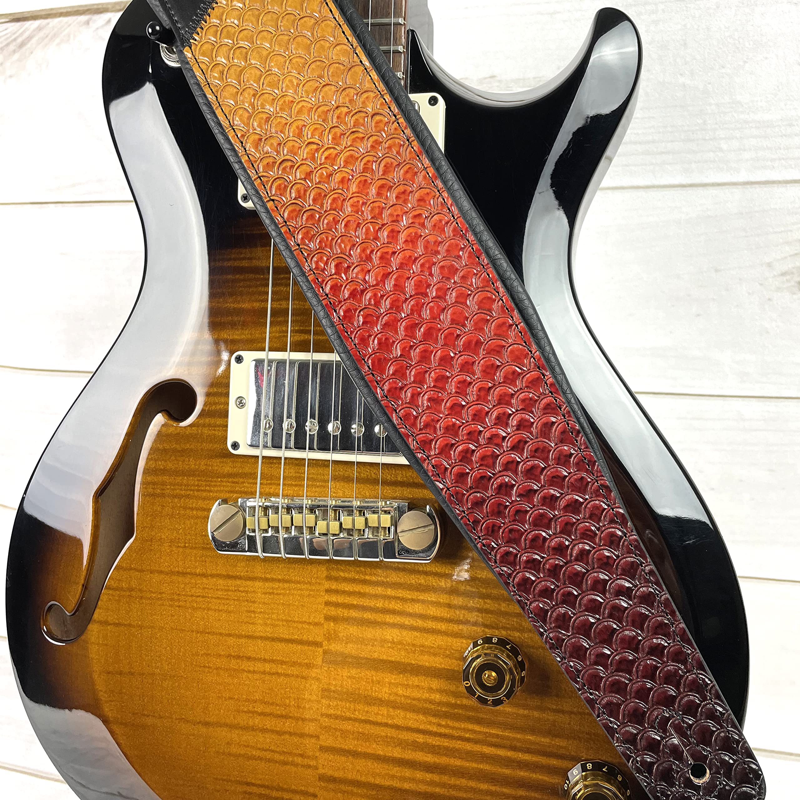 Walker And Williams KB-06 Premium Carved Fish Scale Guitar Strap In Painted Sunset Finish For Acoustic, Electric, And Bass Guitars - Image 2