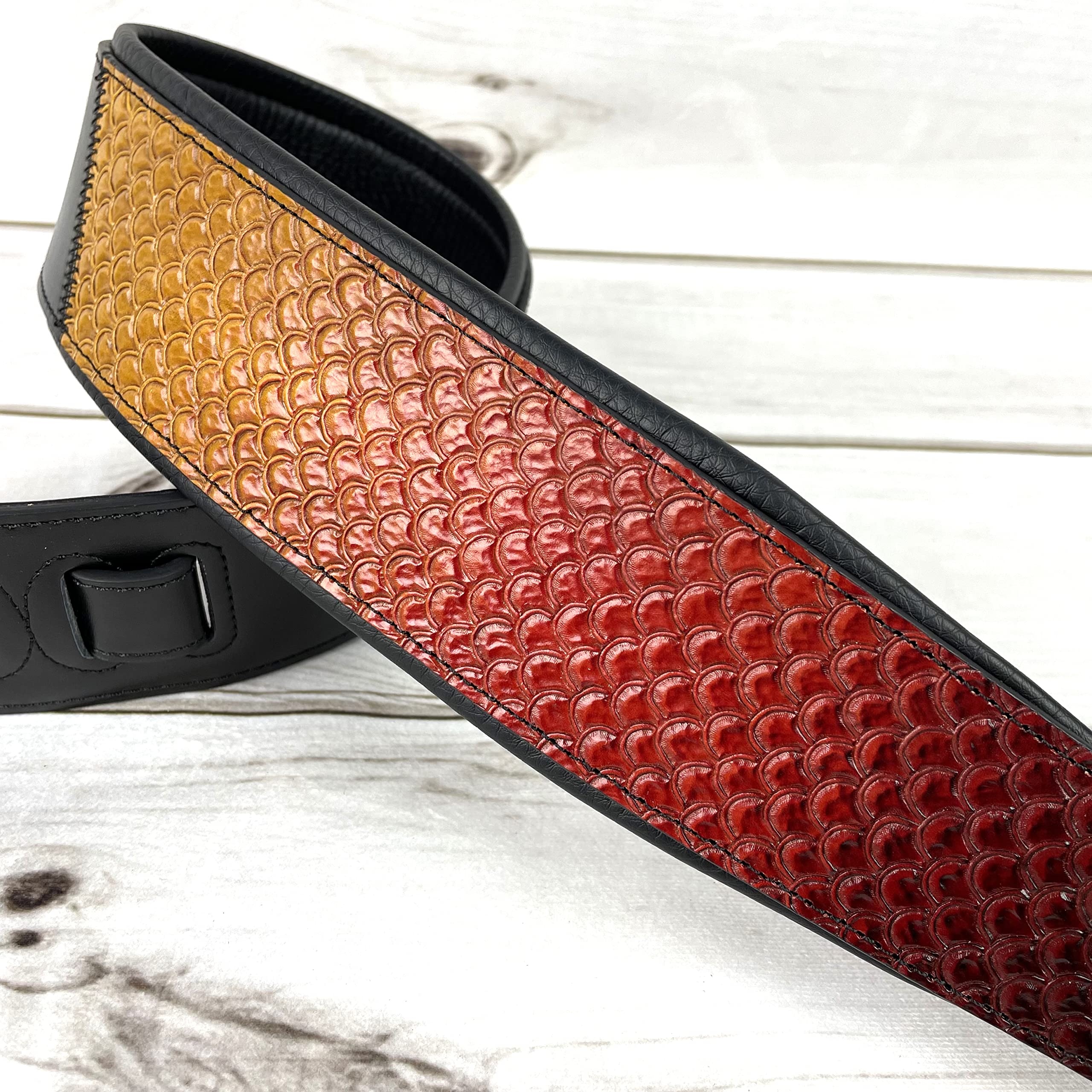 Walker And Williams KB-06 Premium Carved Fish Scale Guitar Strap In Painted Sunset Finish For Acoustic, Electric, And Bass Guitars - Image 3