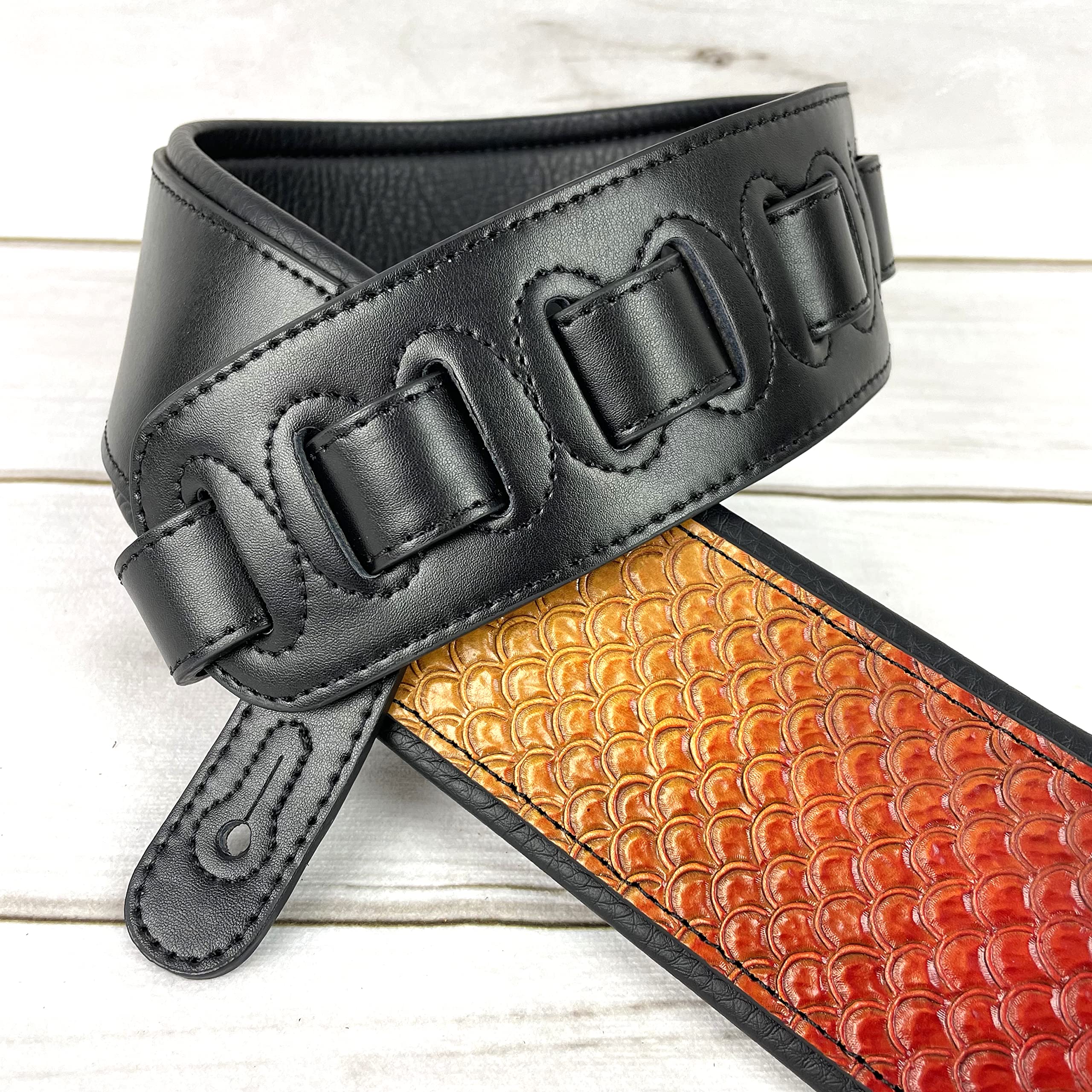 Walker And Williams KB-06 Premium Carved Fish Scale Guitar Strap In Painted Sunset Finish For Acoustic, Electric, And Bass Guitars - Image 4