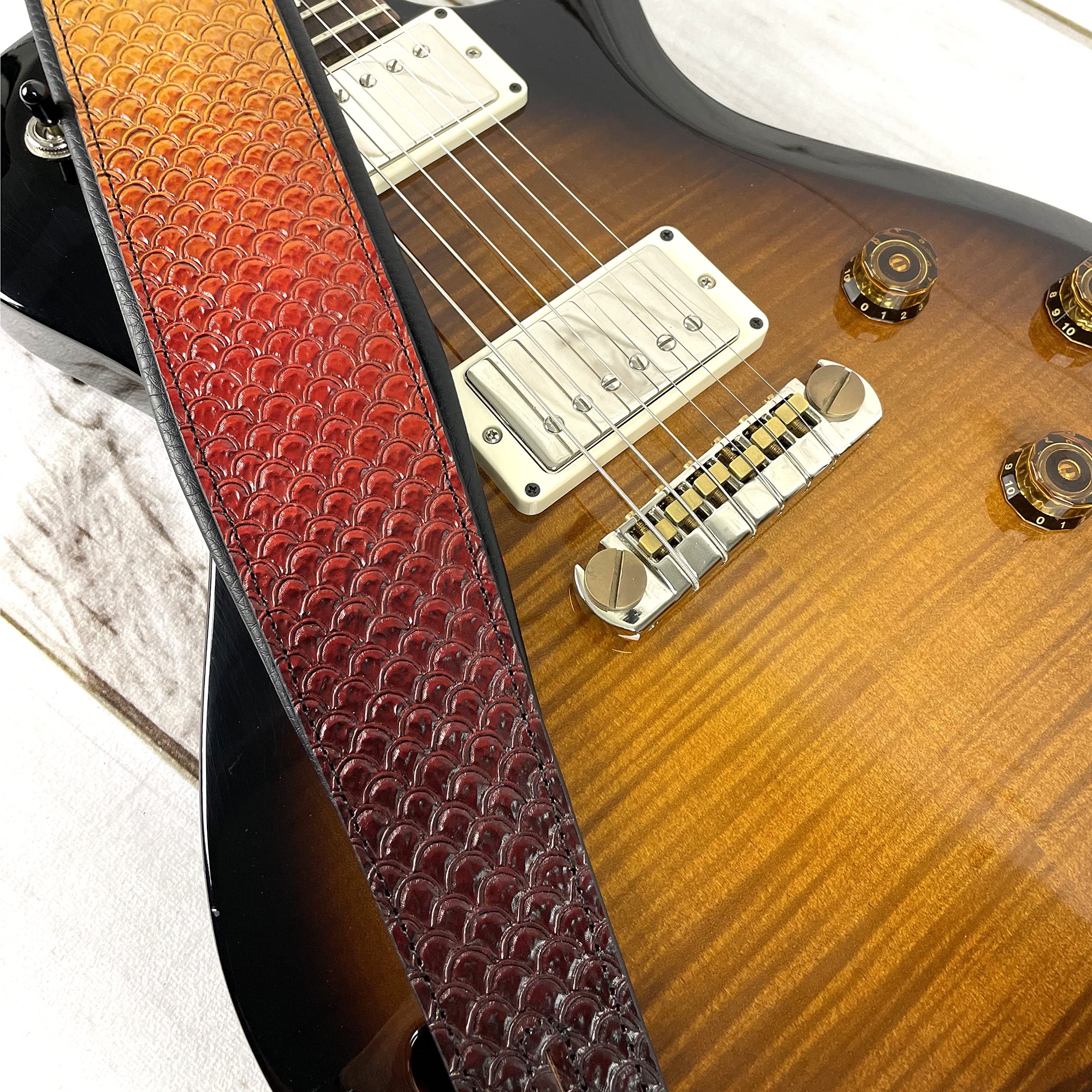 Walker And Williams KB-06 Premium Carved Fish Scale Guitar Strap In Painted Sunset Finish For Acoustic, Electric, And Bass Guitars - Image 7