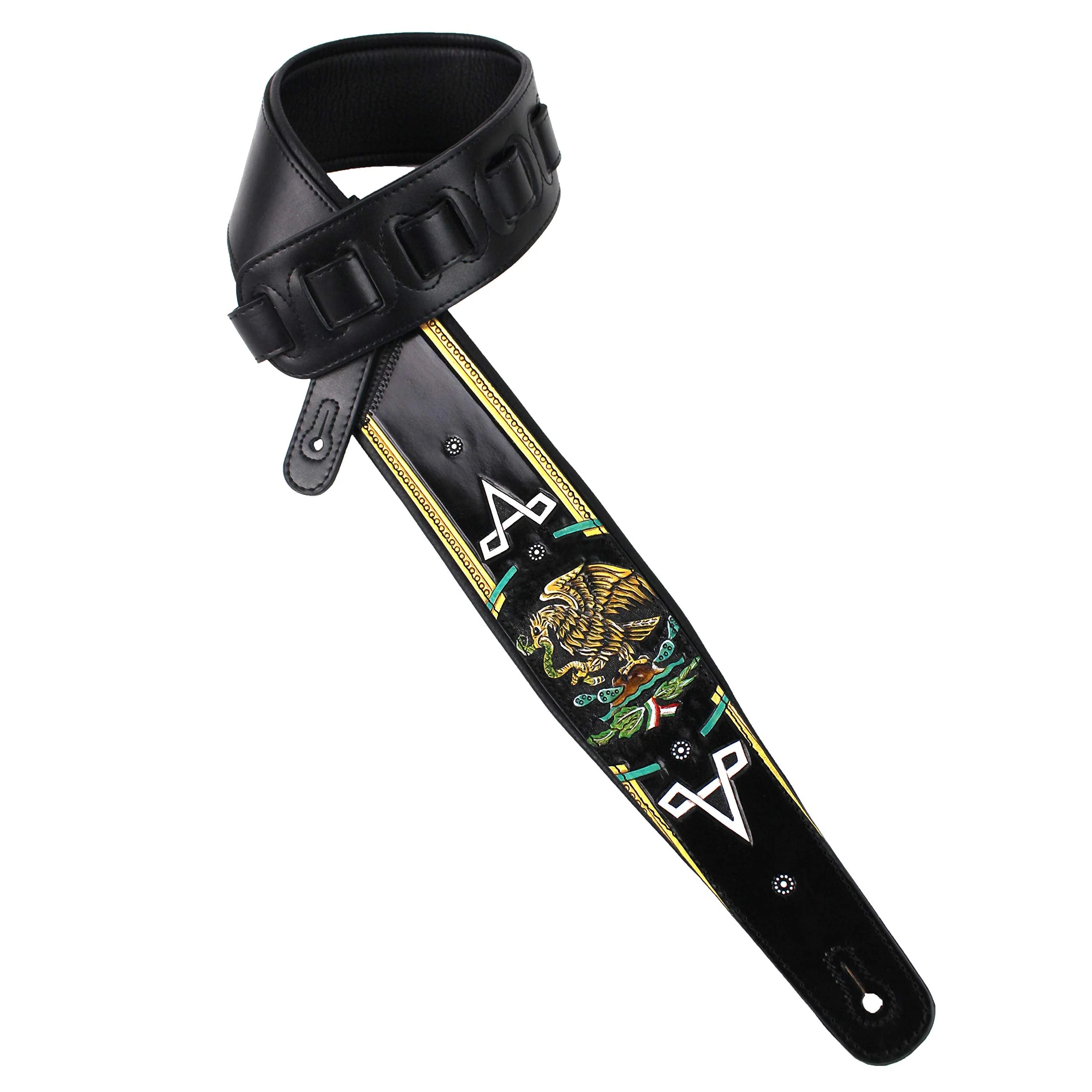 Walker And Williams KB-52-BLK Handmade Heritage Series Black Leather Guitar Strap With Hand Carved And Painted Mexican Coat Of Arms Design For Acoustic, Electric, And Bass Guitars