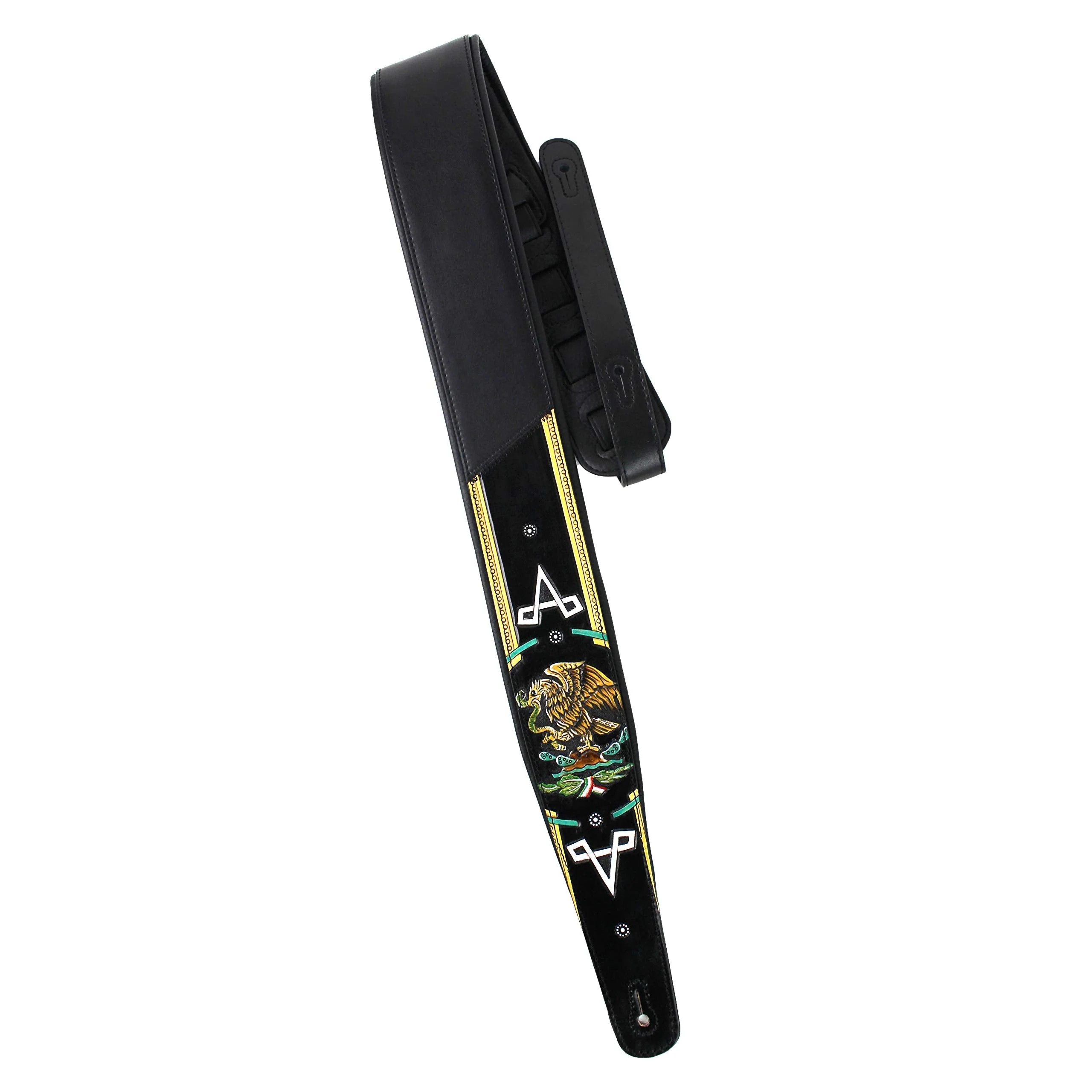 Walker And Williams KB-52-BLK Handmade Heritage Series Black Leather Guitar Strap With Hand Carved And Painted Mexican Coat Of Arms Design For Acoustic, Electric, And Bass Guitars - Image 4